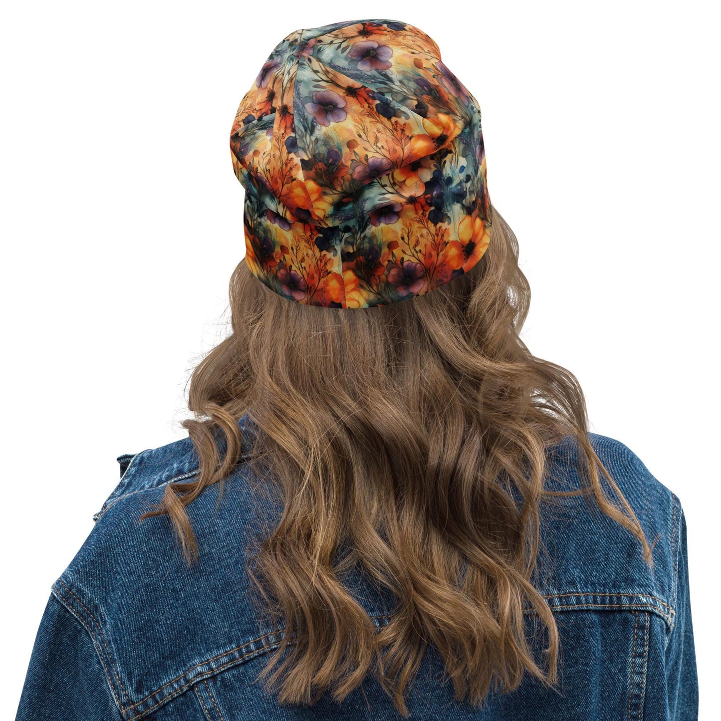 Lush Floral Garden Slouchy Beanie – Thin Stretchy Unisex Skull Cap for Men & Women, Soft Lightweight Botanical Bonnet, Orange Blue Flowers