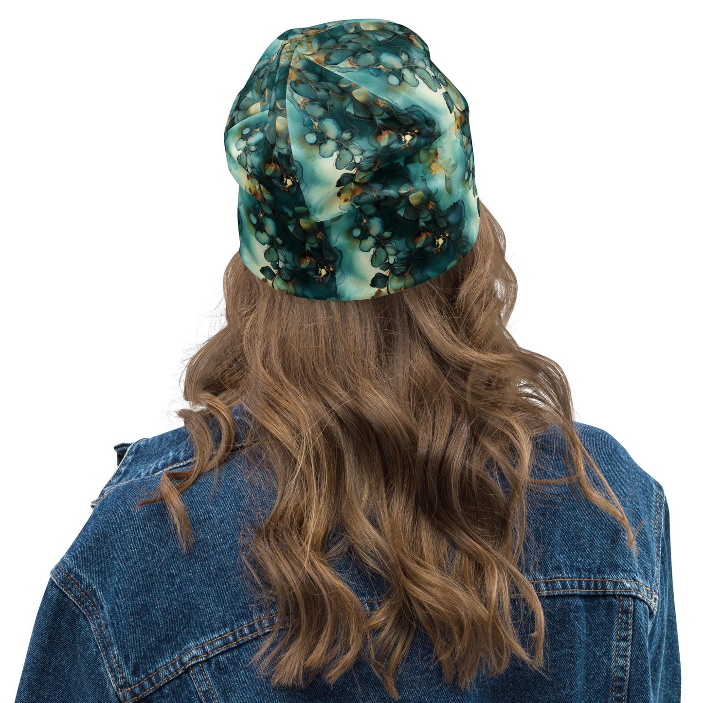 Botanical Vines Slouchy Beanie – Teal Floral Bonnet, Soft Thin Stretchy Skull Cap for Men & Women, Watercolor Nature Print Hat