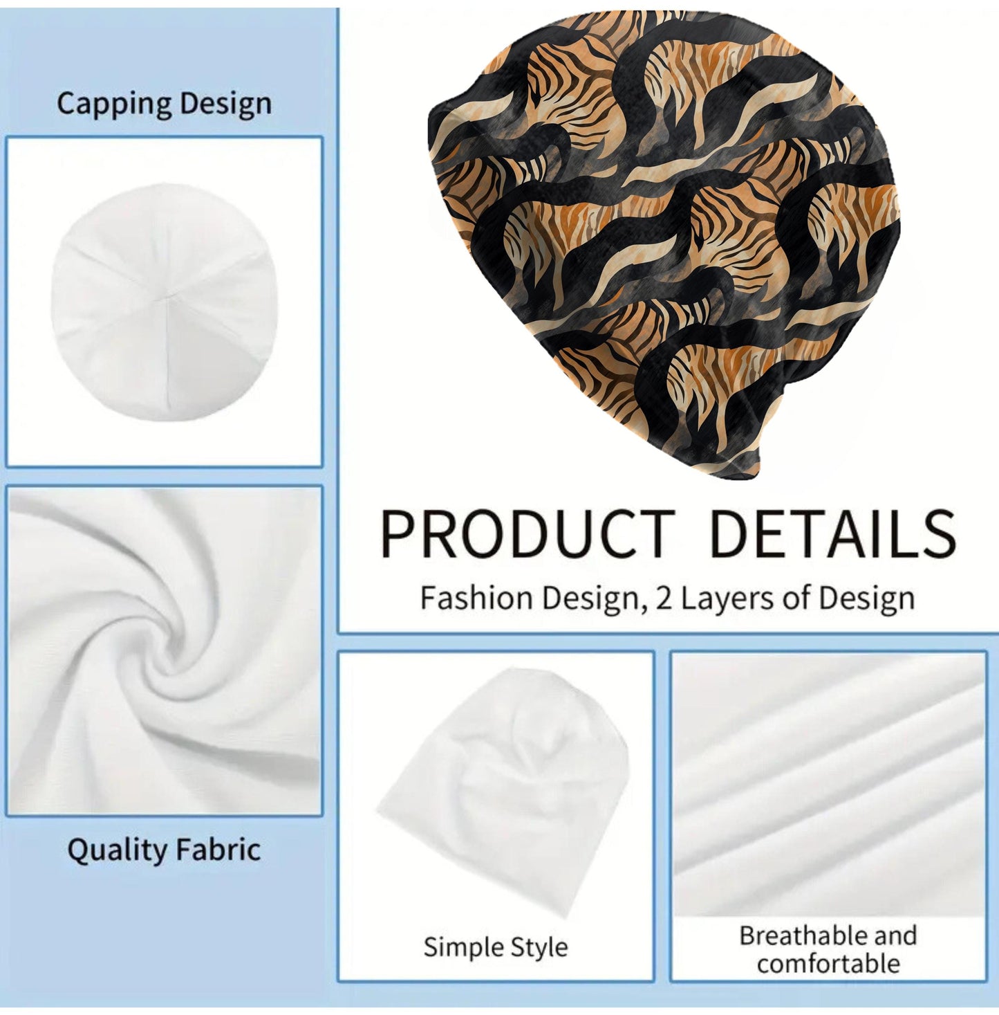 Abstract Tiger Print Slouchy Beanie – Wild Striped Bonnet, Soft Thin Stretchy Skull Cap for Men & Women, Modern Safari Pattern Hat