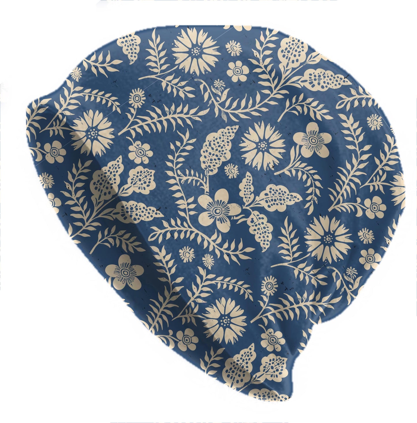 Navy Cream Folk Art Floral Slouchy Beanie – Vintage Botanical Skull Cap, Block Print Boho Hat for Men & Women