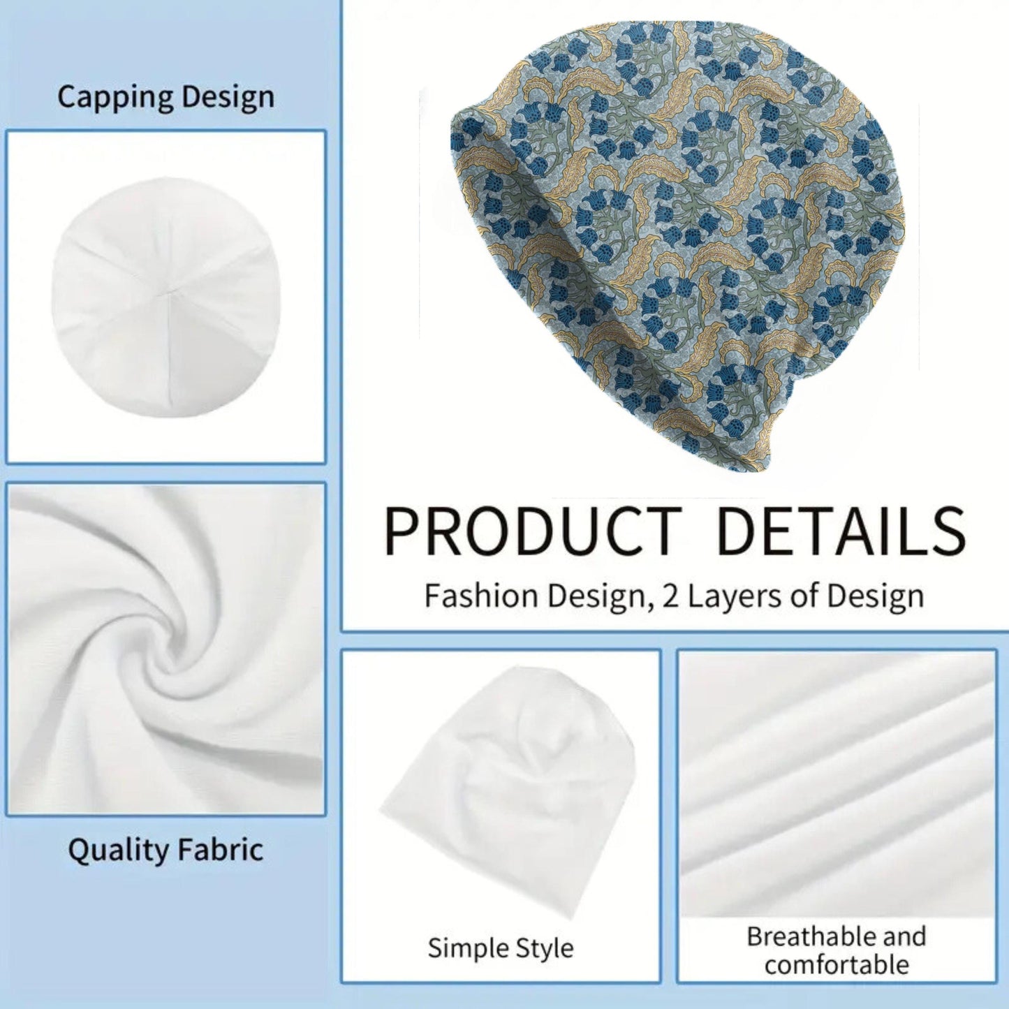 Thin Maurice Pillard Lily of the Valley Beanie – Art Nouveau Blue Floral Slouch Hat, Vintage Botanical Cap, Soft Lightweight Beanie