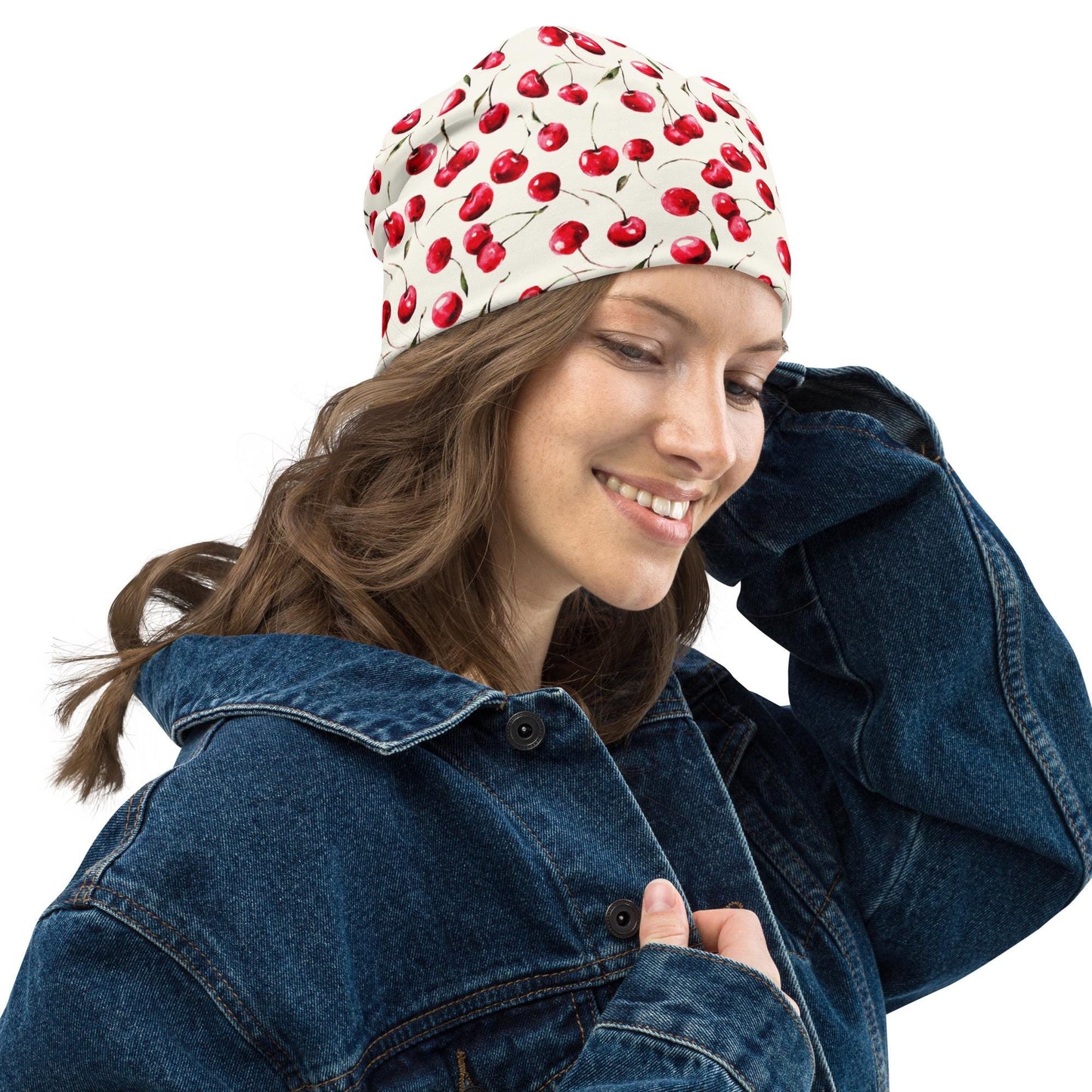 Cherry Watercolor Slouchy Beanie – Thin Stretchy Lightweight Skull Cap for Men and Women