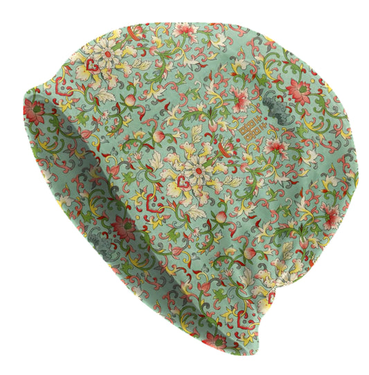 Jade Floral Art Beanie – Vintage Asian Scroll Pattern Hat, Soft Lightweight Unisex Cap, Botanical Print