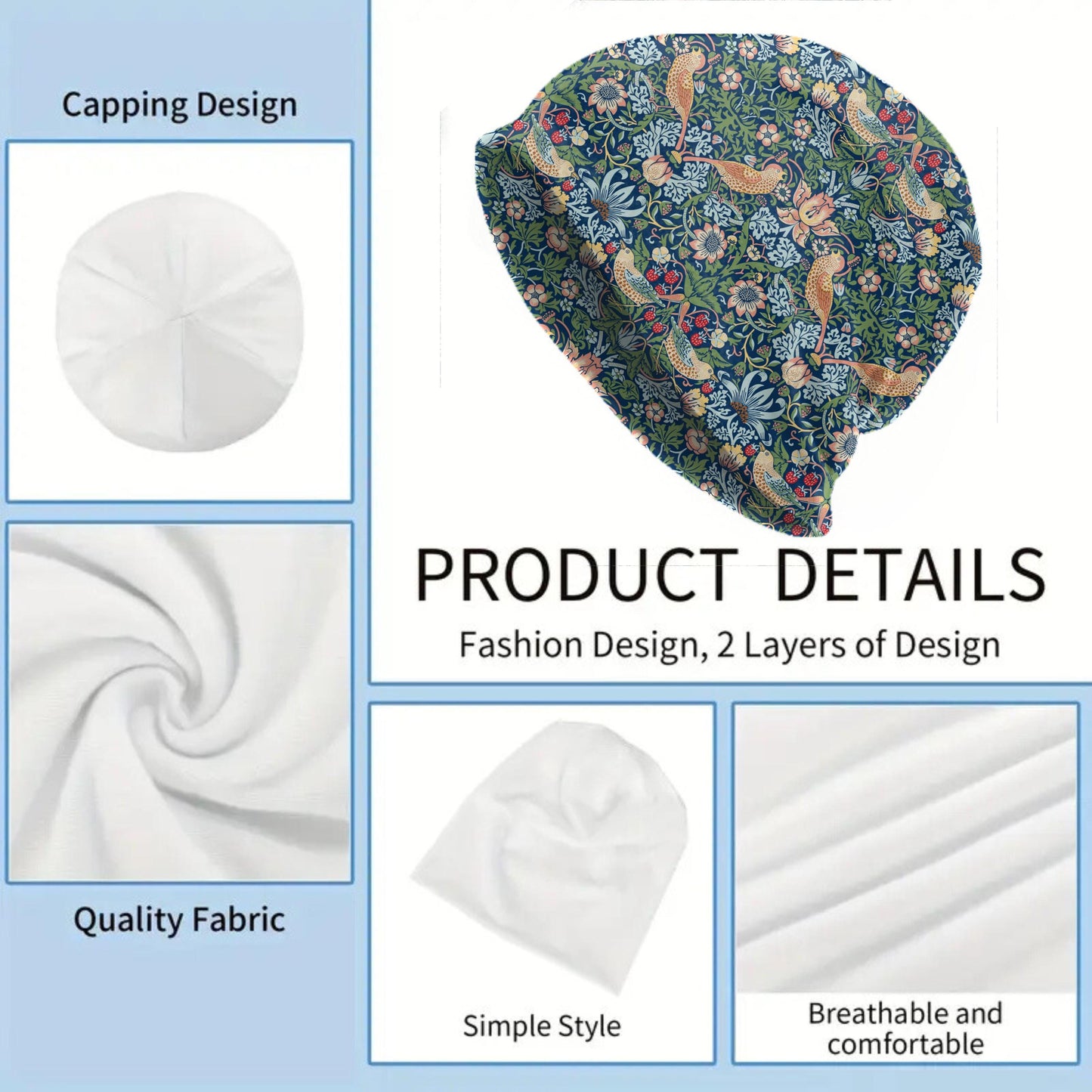 William Morris Strawberry Thief Slouchy Beanie – Soft Double-Layer Bonnet Skull Cap for Men & Women, Lightweight Stretchy Hat