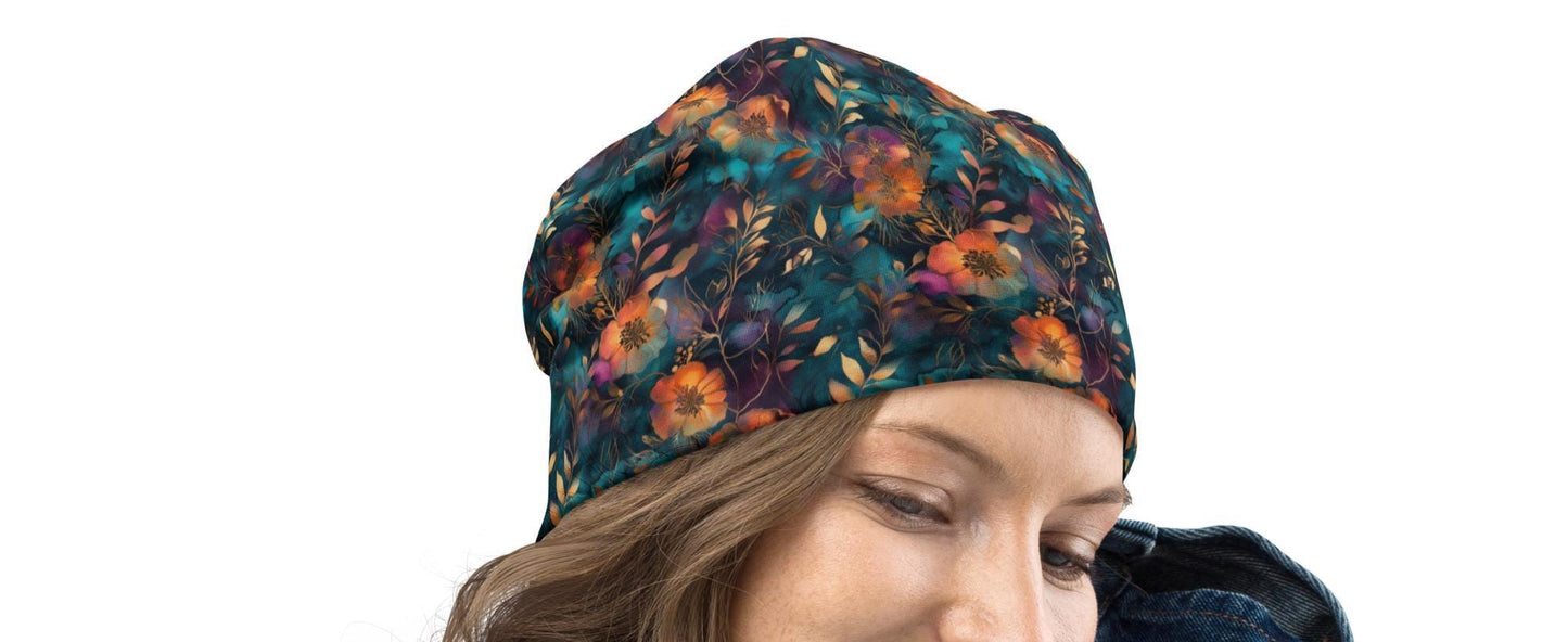 Glowing Wildflower Slouchy Beanie – Thin Stretchy Unisex Skull Cap for Men & Women, Teal Amber Botanical Bonnet, Vibrant Floral Hat
