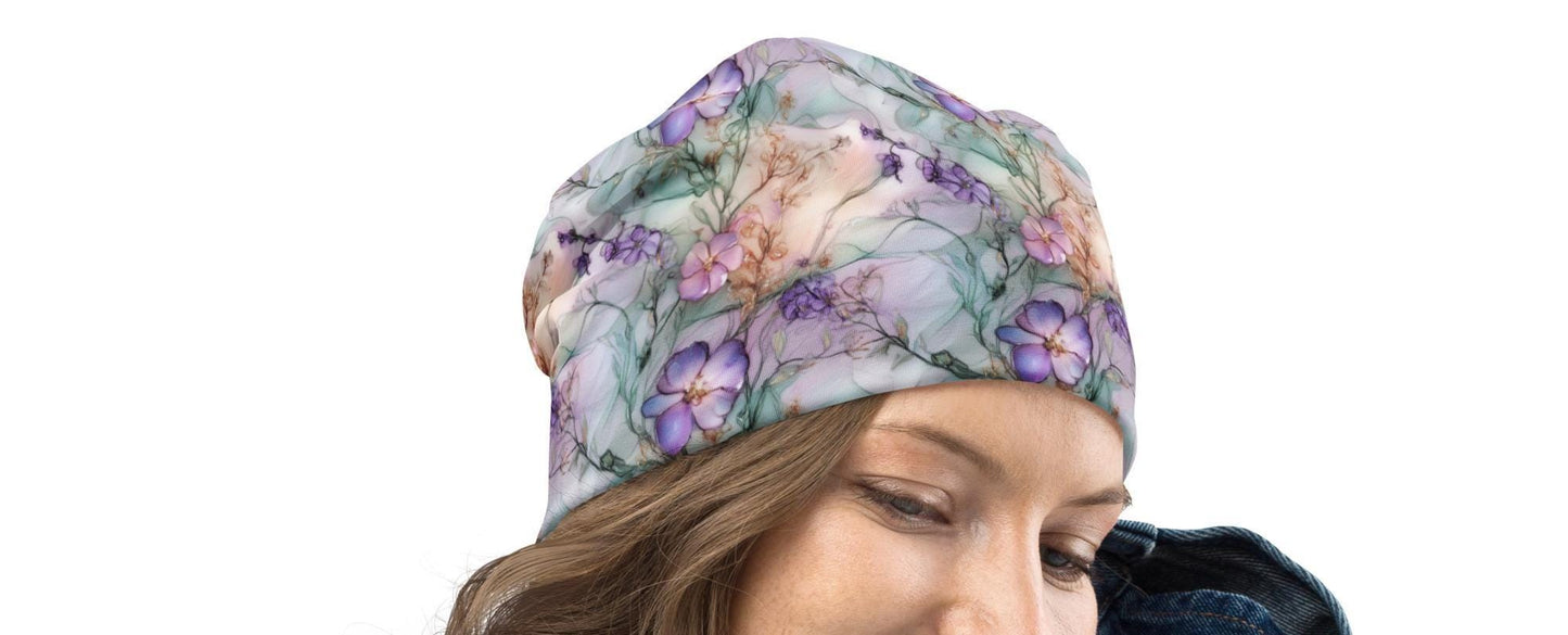 Fluid Flowers Watercolor Floral Slouchy Beanie – Thin Stretchy Unisex Skull Cap for Men & Women, Pastel Botanical Bonnet
