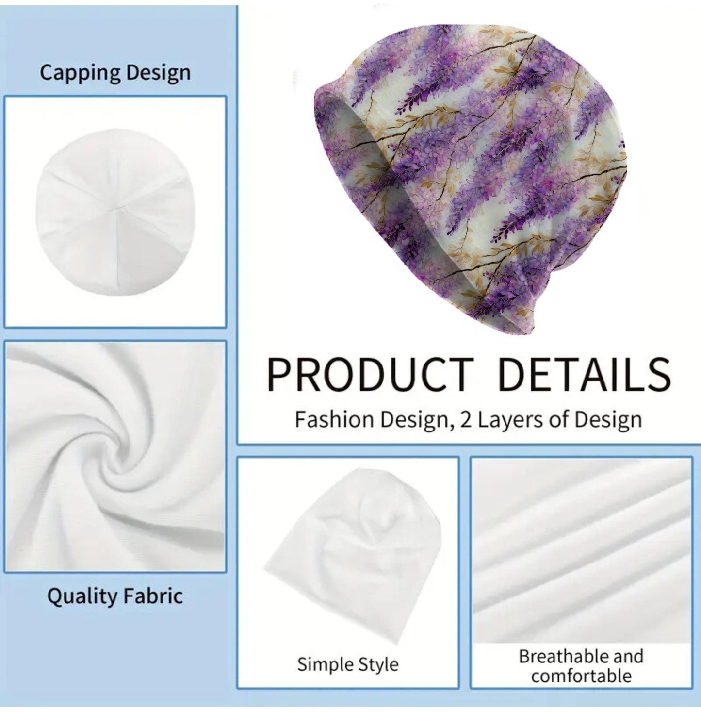 Lavender Wisteria Slouchy Beanie – Thin Stretchy Lightweight Skull Cap for Men and Women in Soft Violet Cascades