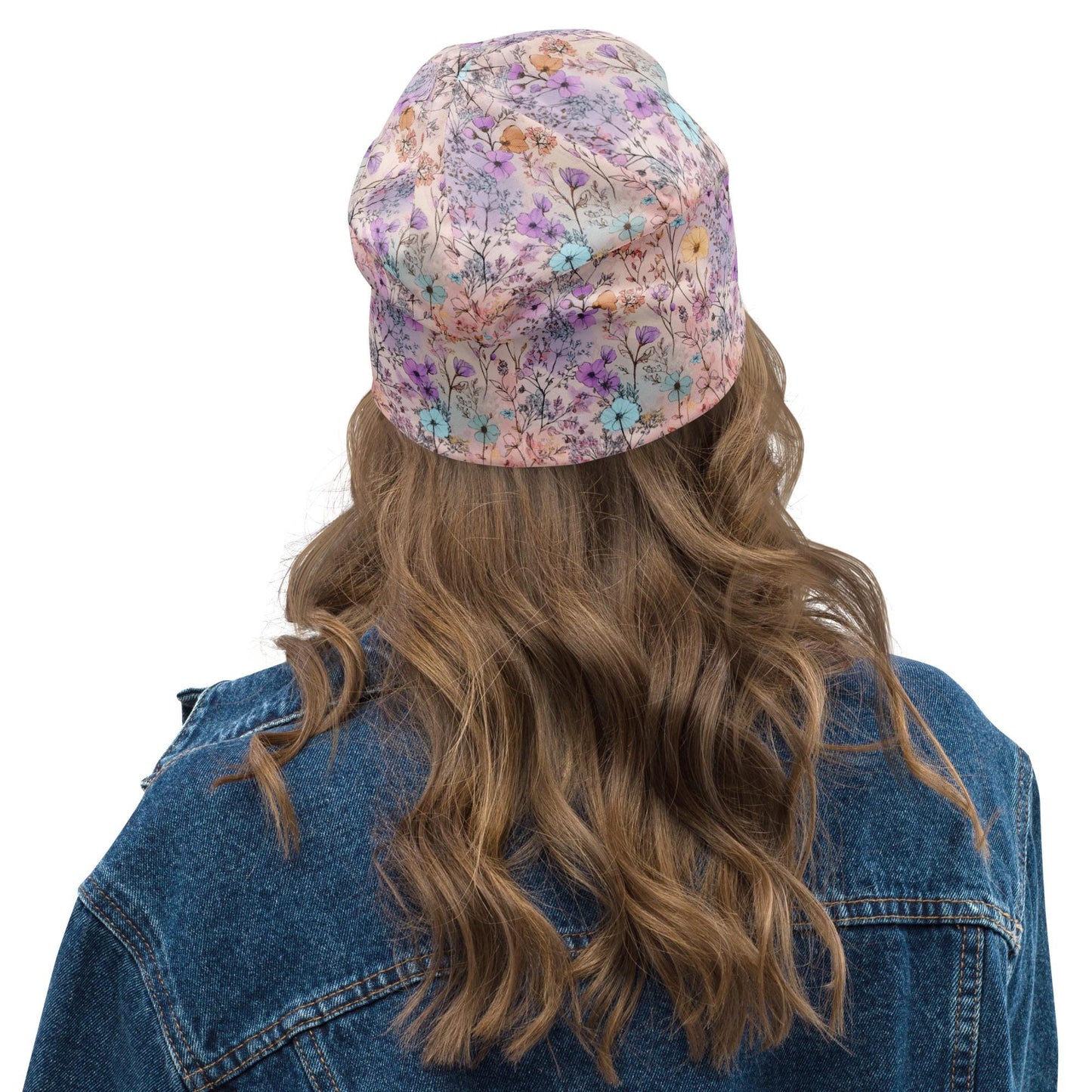 Pastel Meadow Slouchy Beanie – Thin Stretchy Lightweight Skull Cap for Men and Women in Soft Watercolor Wildflowers