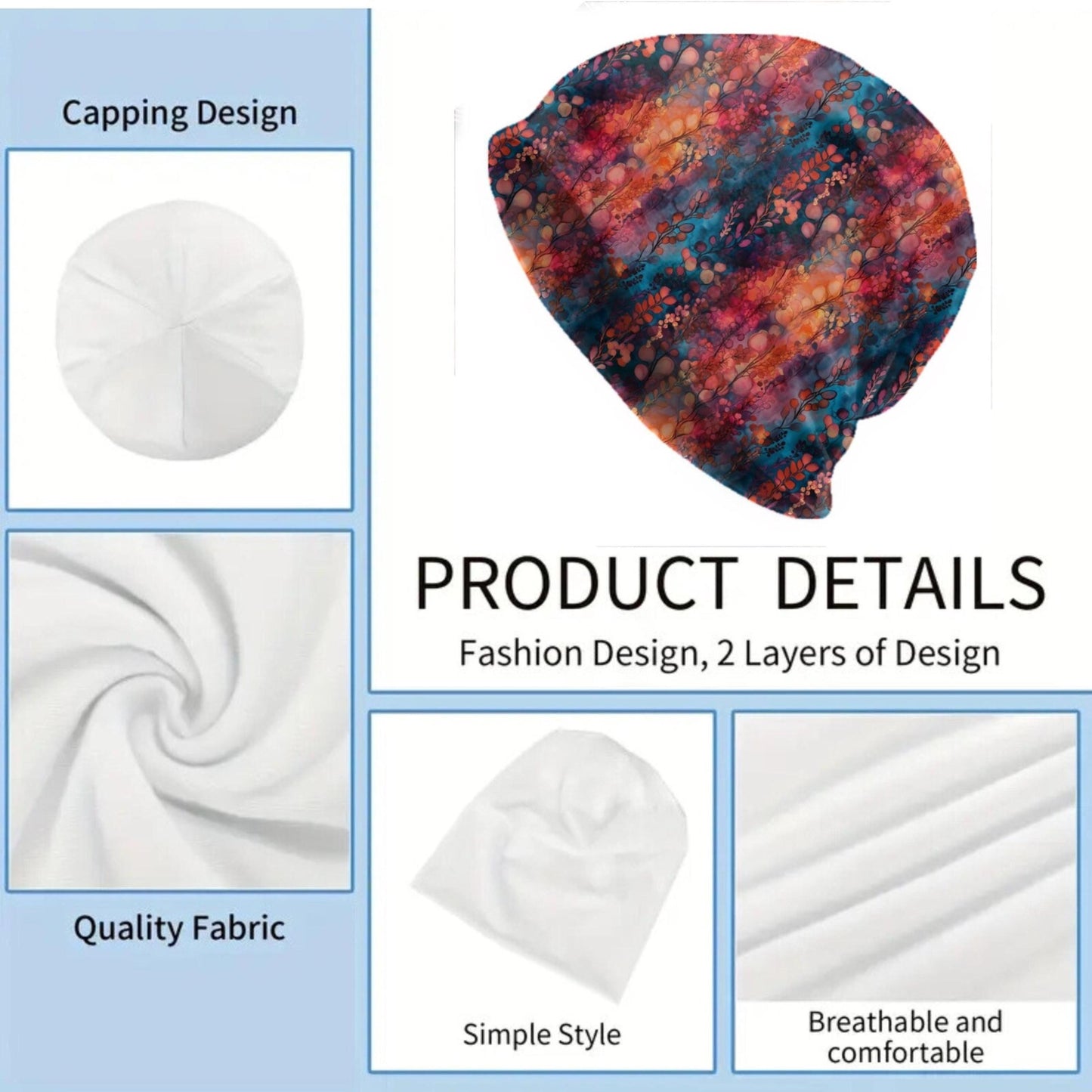 Floral Art Slouchy Beanie – Thin Stretchy Lightweight Skull Cap for Men and Women in Multiple Pattern Options