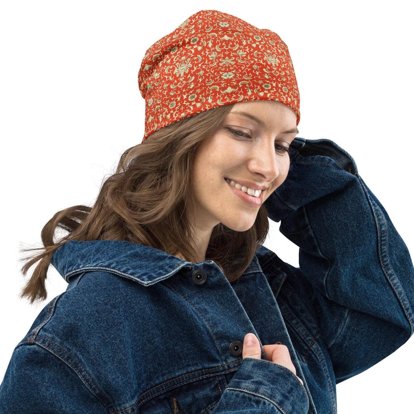 Vintage Red Scroll Floral Slouchy Beanie – Ornate Baroque Botanical Print Hat, Soft Lightweight Skull Cap, Retro Arts & Crafts Style Unisex
