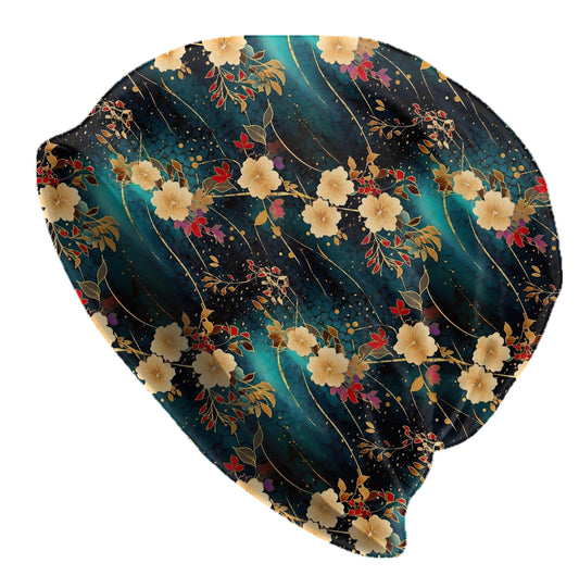 Chiyogami Japanese Floral Slouchy Beanie – Gold Blossom Print, Teal & Black Fine Art Flowers Hat, Lightweight Double-Layer Stretch Skull Cap