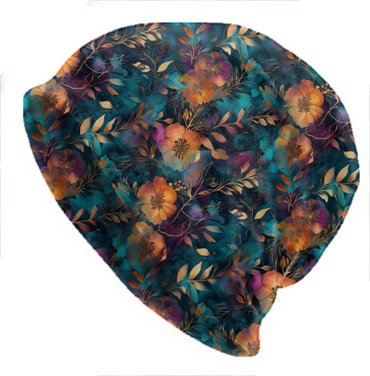 Glowing Wildflower Slouchy Beanie – Thin Stretchy Unisex Skull Cap for Men & Women, Teal Amber Botanical Bonnet, Vibrant Floral Hat