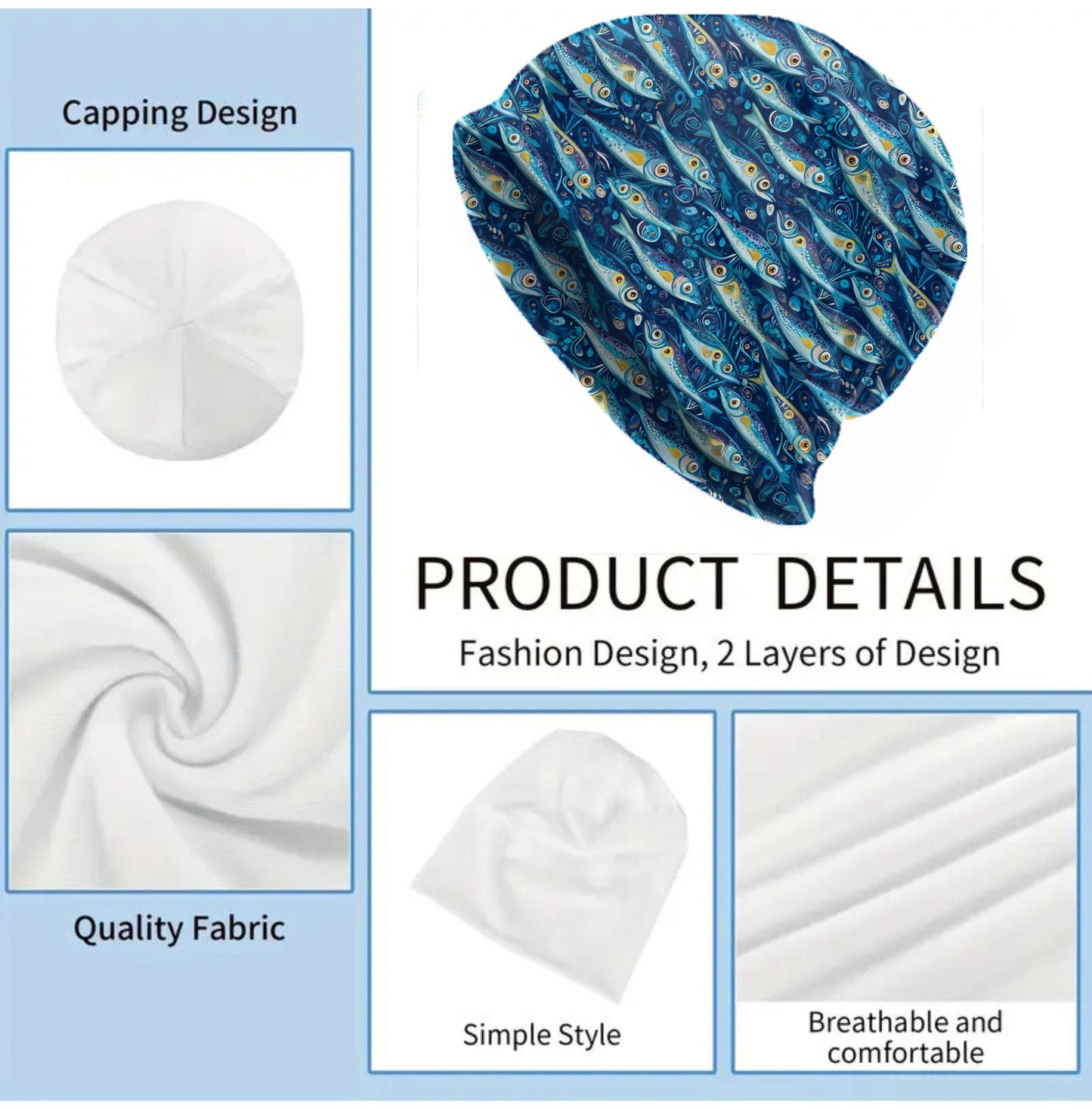 Blue Folk Fish Beanie – Ocean Art Slouch Hat, Whimsical Nautical Skull Cap, Thin Soft Unisex Fisherman Beanie, Size Up for Slouch Fit