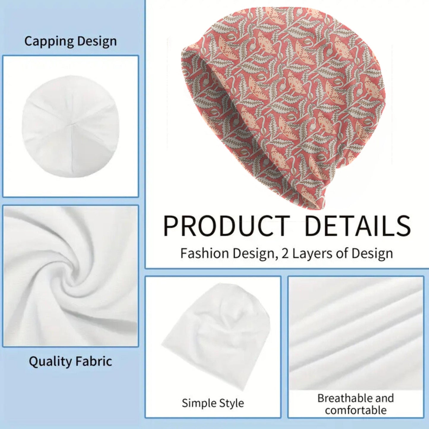 Thin Maurice Pillard Poppy Beanie – Elegant Art Nouveau Floral Hat, Pink Botanical Lightweight Cap, Vintage Pattern