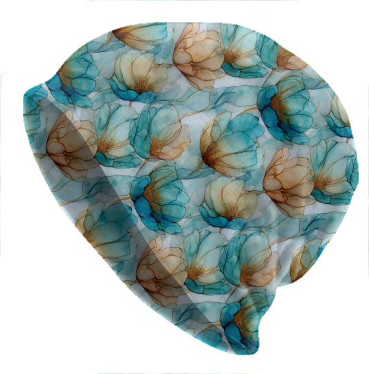Icy Aqua Tulips Slouchy Beanie – Thin Stretchy Unisex Skull Cap for Men & Women, Soft Lightweight Floral Bonnet in Blue and Sand Tones