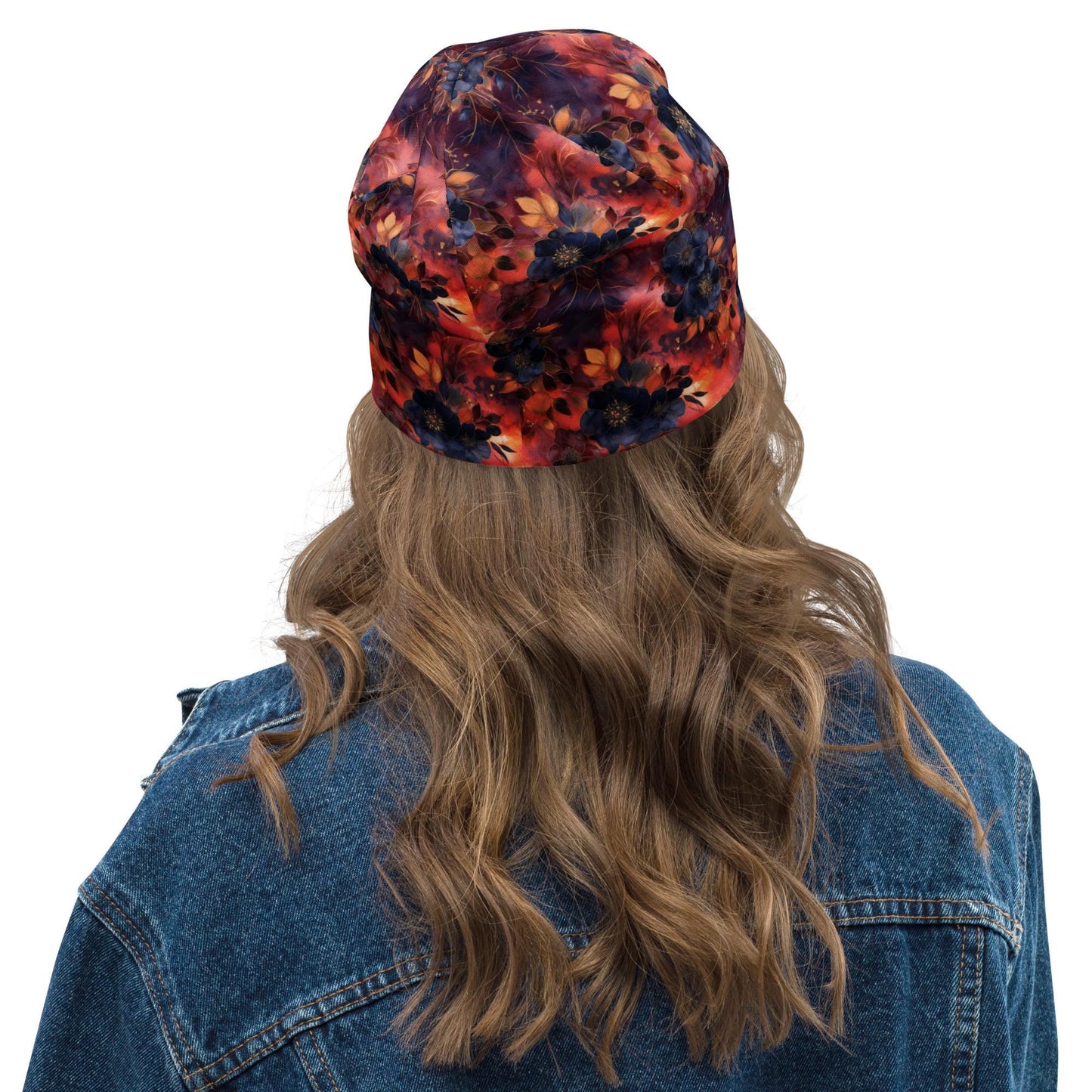 Midnight Ember Floral Slouchy Beanie – Thin Stretchy Lightweight Skull Cap for Men & Women in Deep Navy and Warm Red Blooms