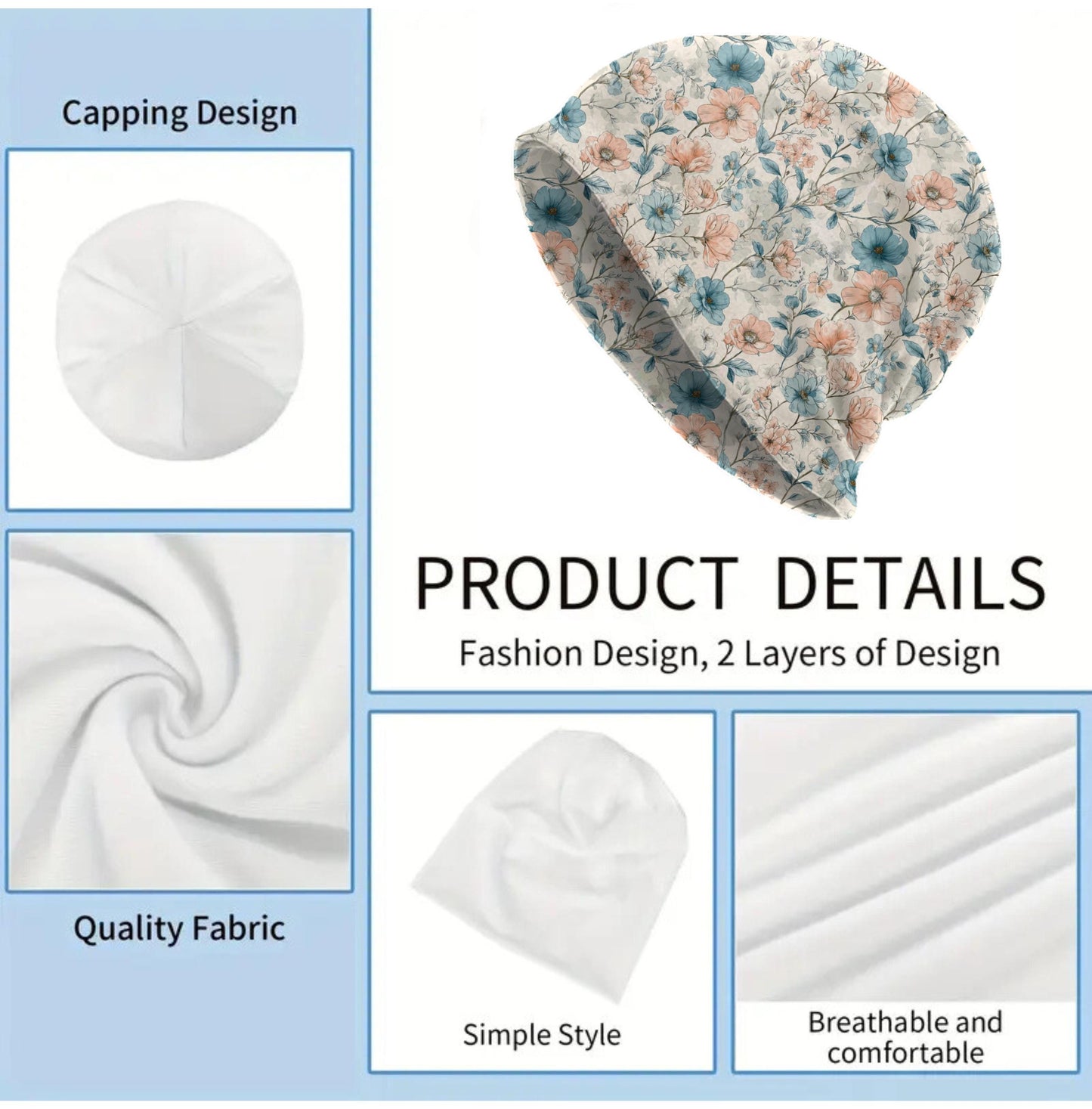 Vintage Blue & Peach Garden Slouchy Beanie – Thin Stretchy Lightweight Skull Cap for Men and Women