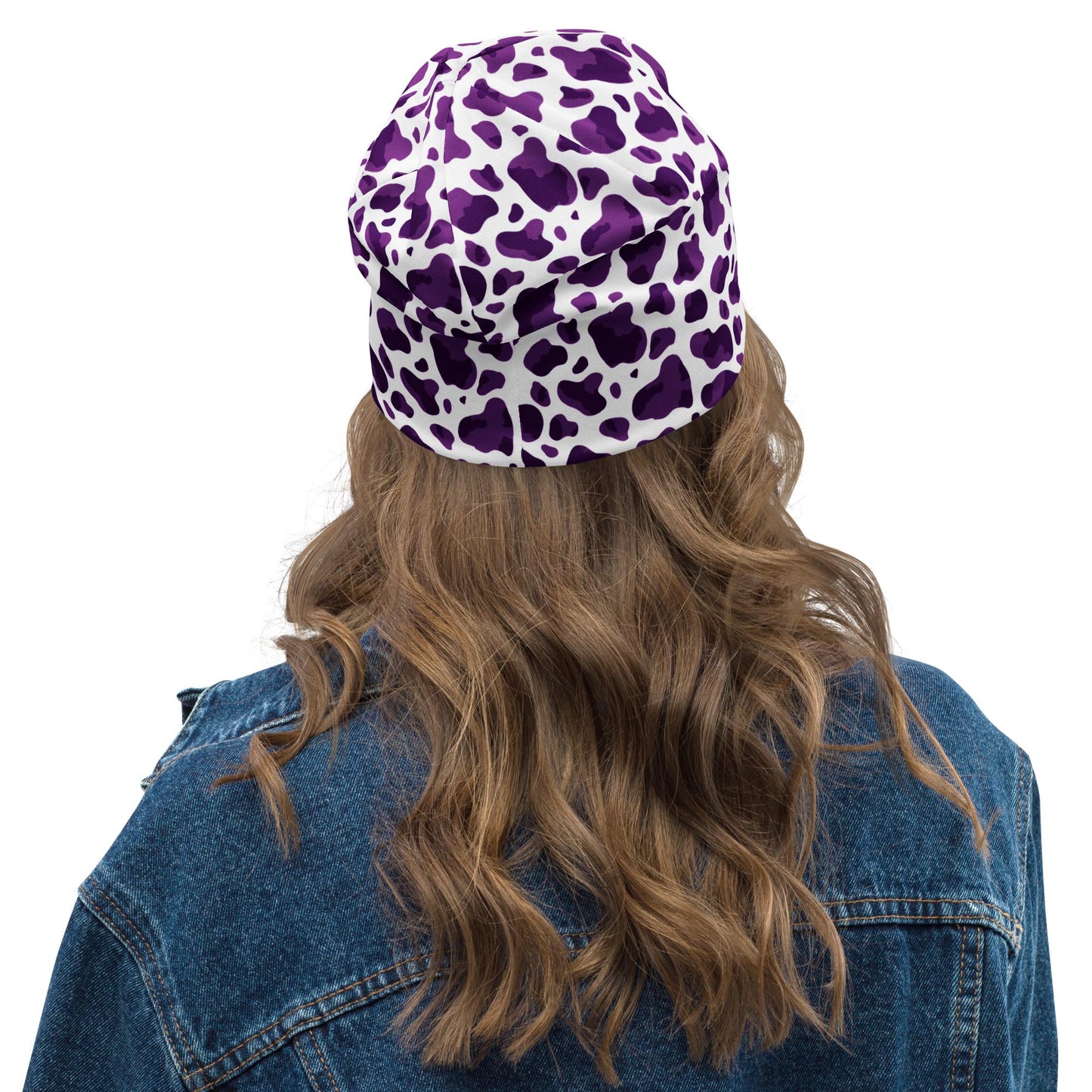 Purple Cow Print Slouchy Beanie – Soft Lightweight Skull Cap, Thin Bonnet Hat for Men & Women, Retro Funky Spot Pattern