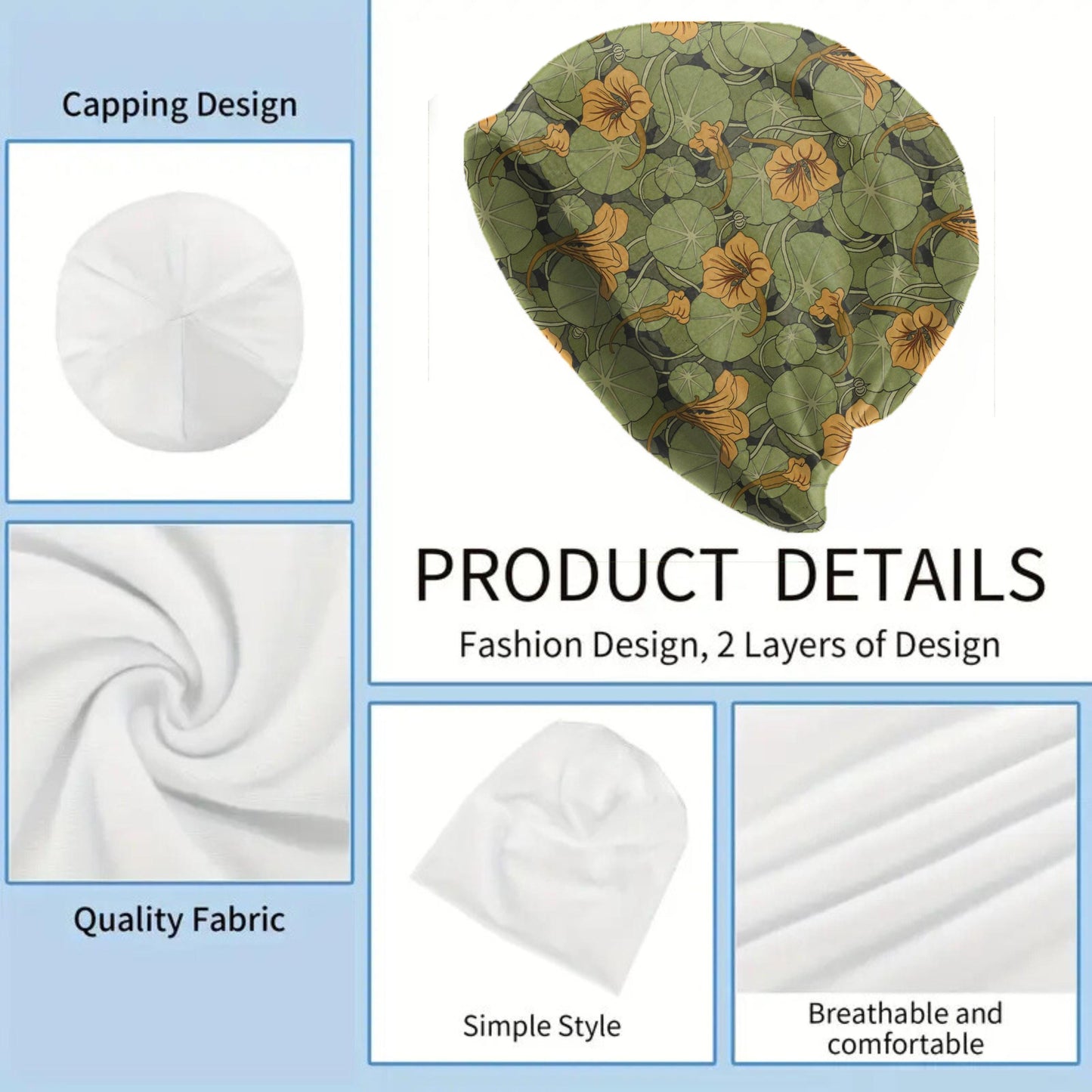 Thin Maurice Pillard Nasturtium Beanie – Art Nouveau Green Floral Slouch Hat, Vintage Botanical Cap, Lightweight Soft Beanie