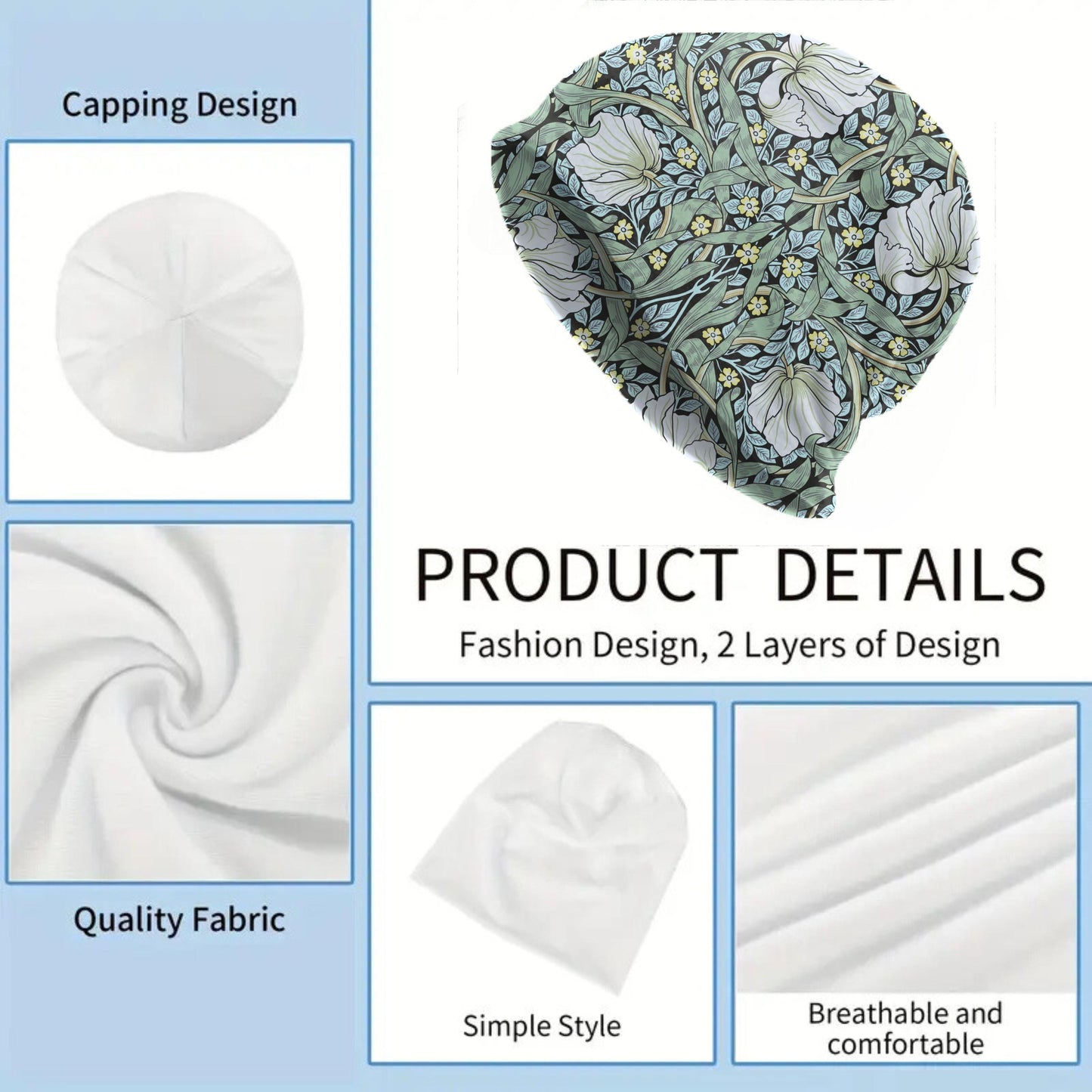 Slouchy Beanies Boho Beanie Skull Cap Thin Soft Caps Boho Hats Lightweight Bonnet Hat Hippie Stretchy Floral Beanie William Morris Iris