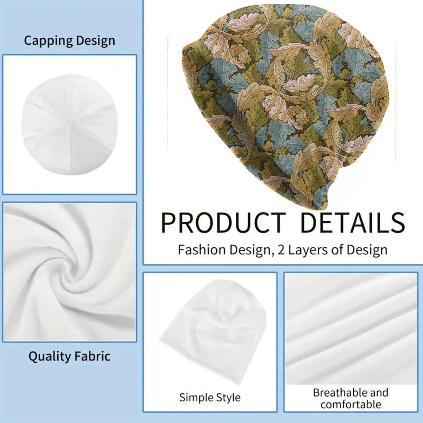 William Morris Acanthus Beanie – Vintage Botanical Leaf Print Slouchy Hat in Sage Blue & Gold – Thin Soft Custom Women’s Hat, Men’s Beanie