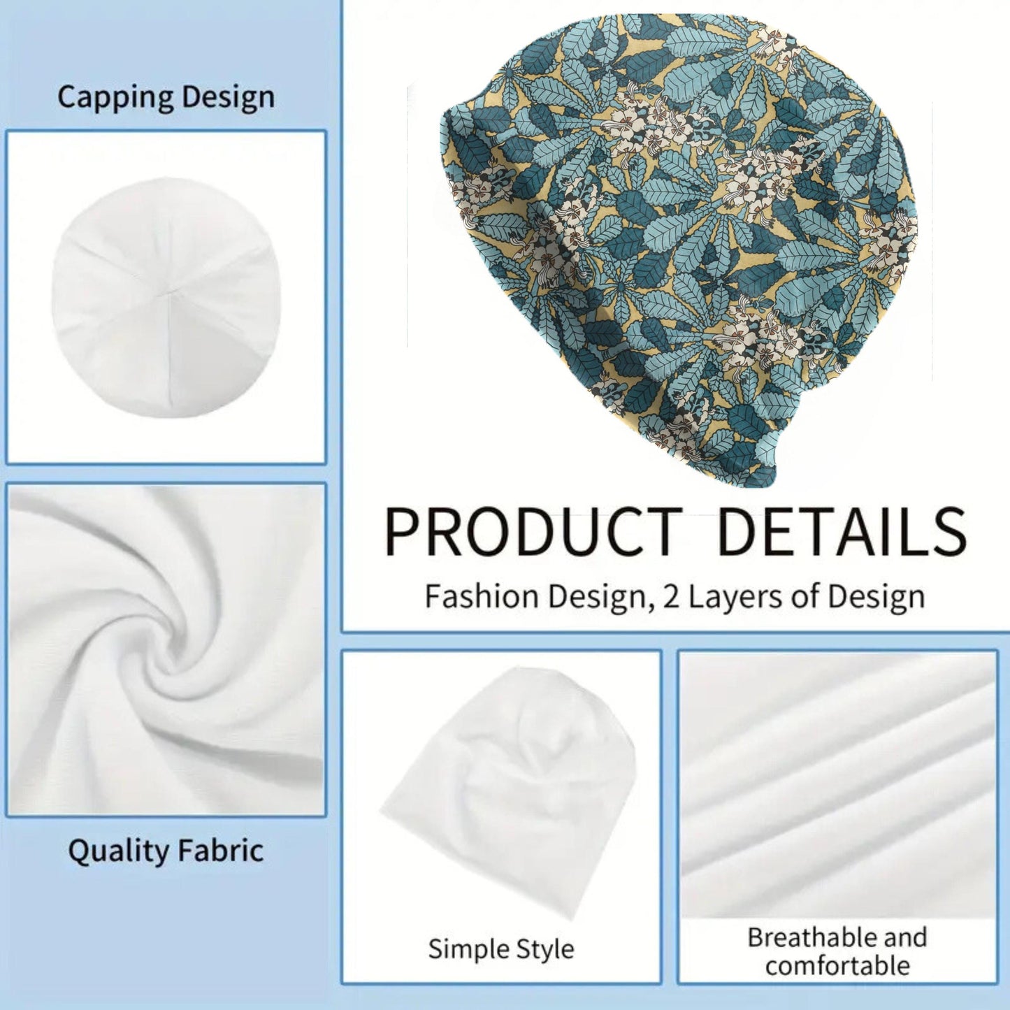 Art Nouveau Chestnut Leaves Beanie – Maurice Pillard Verneuil Style Botanical Slouch Hat, Teal Green Vintage Cap, Women’s Hat & Men’s Beanie