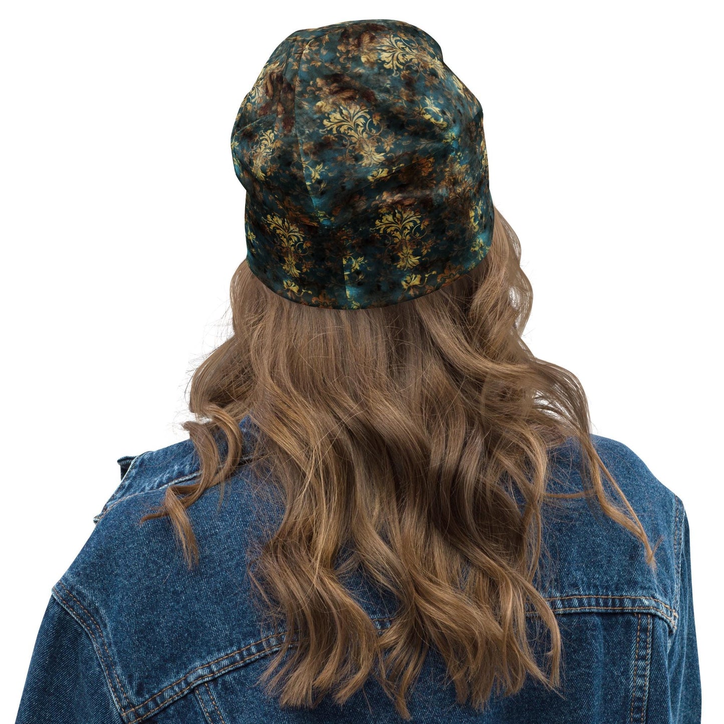 Vintage Teal Baroque Slouchy Beanie – Thin Stretchy Lightweight Skull Cap for Men and Women in Gold Damask Pattern