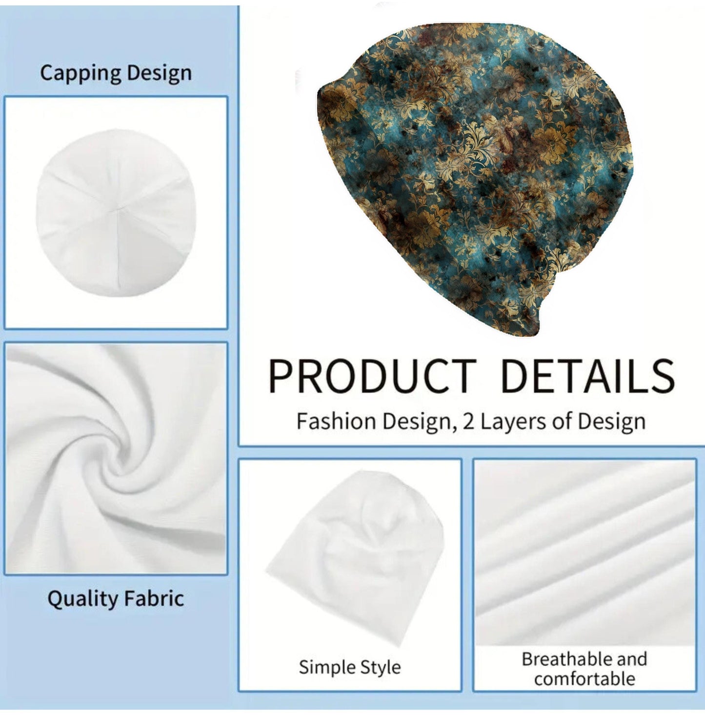 Vintage Teal Baroque Slouchy Beanie – Thin Stretchy Lightweight Skull Cap for Men and Women in Gold Damask Pattern