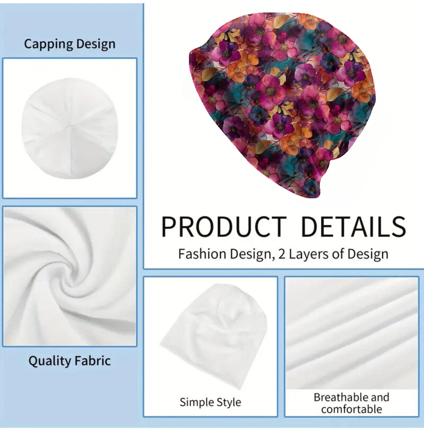 Magenta Luxe Wildflower Slouchy Beanie, Bold Floral Bonnet, Soft Thin Stretchy Skull Cap for Men and Women, Teal and Fuchsia Print Hat