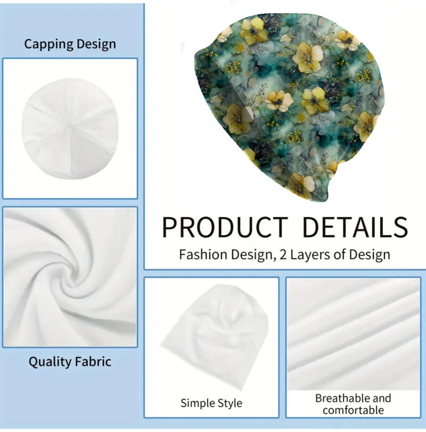 Misty Wildflower Slouchy Beanie – Thin Stretchy Lightweight Skull Cap for Men & Women in Soft Teal and Yellow Florals