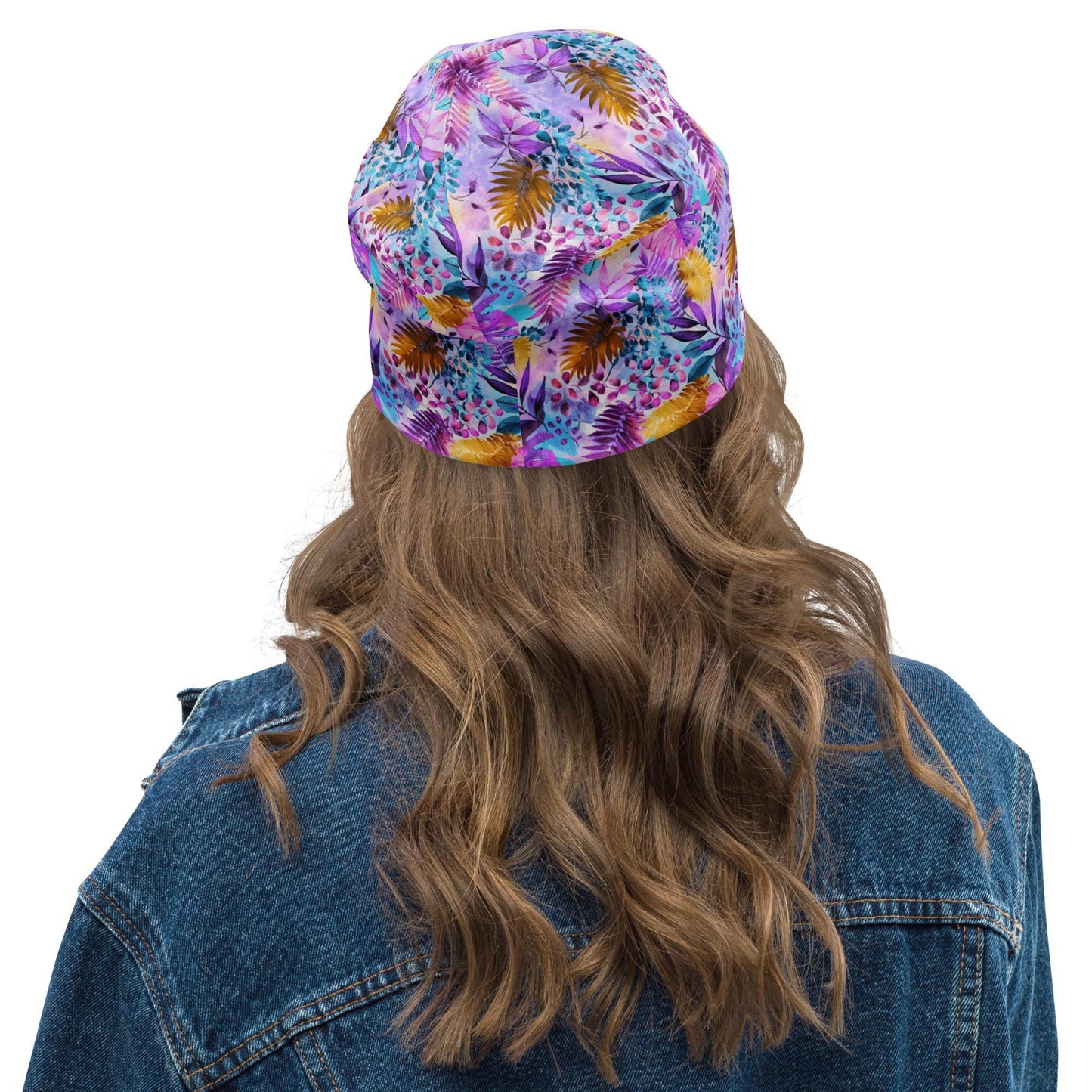 Tropical Watercolor Leaves Slouchy Beanie – Thin Stretchy Lightweight Skull Cap for Men and Women in Pink, Gold & Teal Jungle Foliage