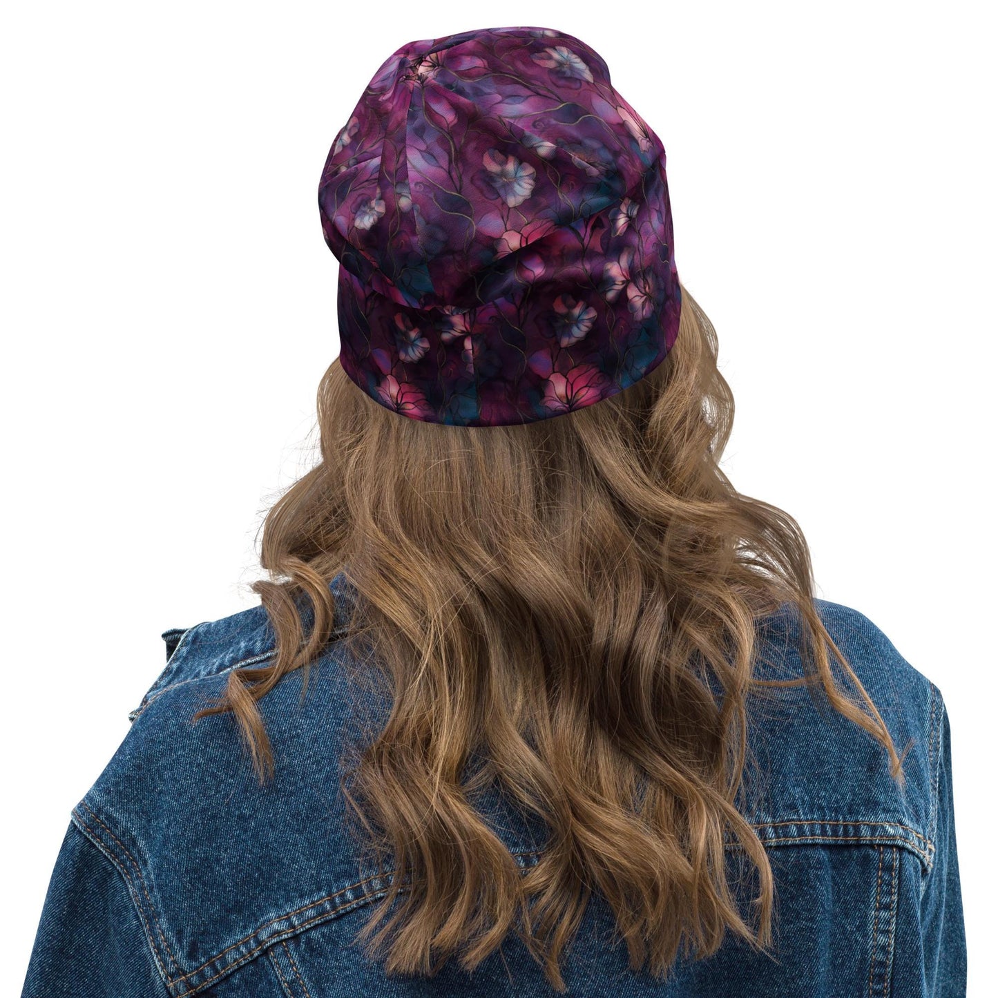 Cascading Plum Flowers Slouchy Beanie – Deep Floral Bonnet, Soft Thin Stretchy Skull Cap for Men & Women, Watercolor Botanical Print