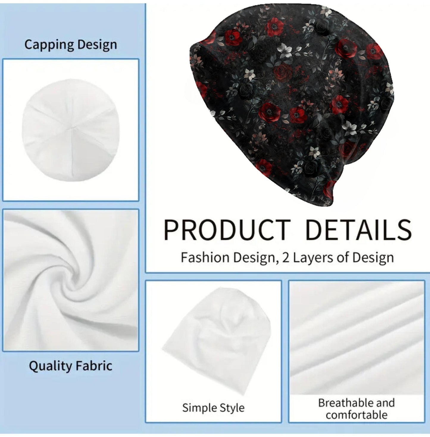 Dark Romance Floral Slouchy Beanie – Gothic Rose Bonnet, Soft Thin Stretchy Skull Cap for Men and Women, Black & Red Botanical Print