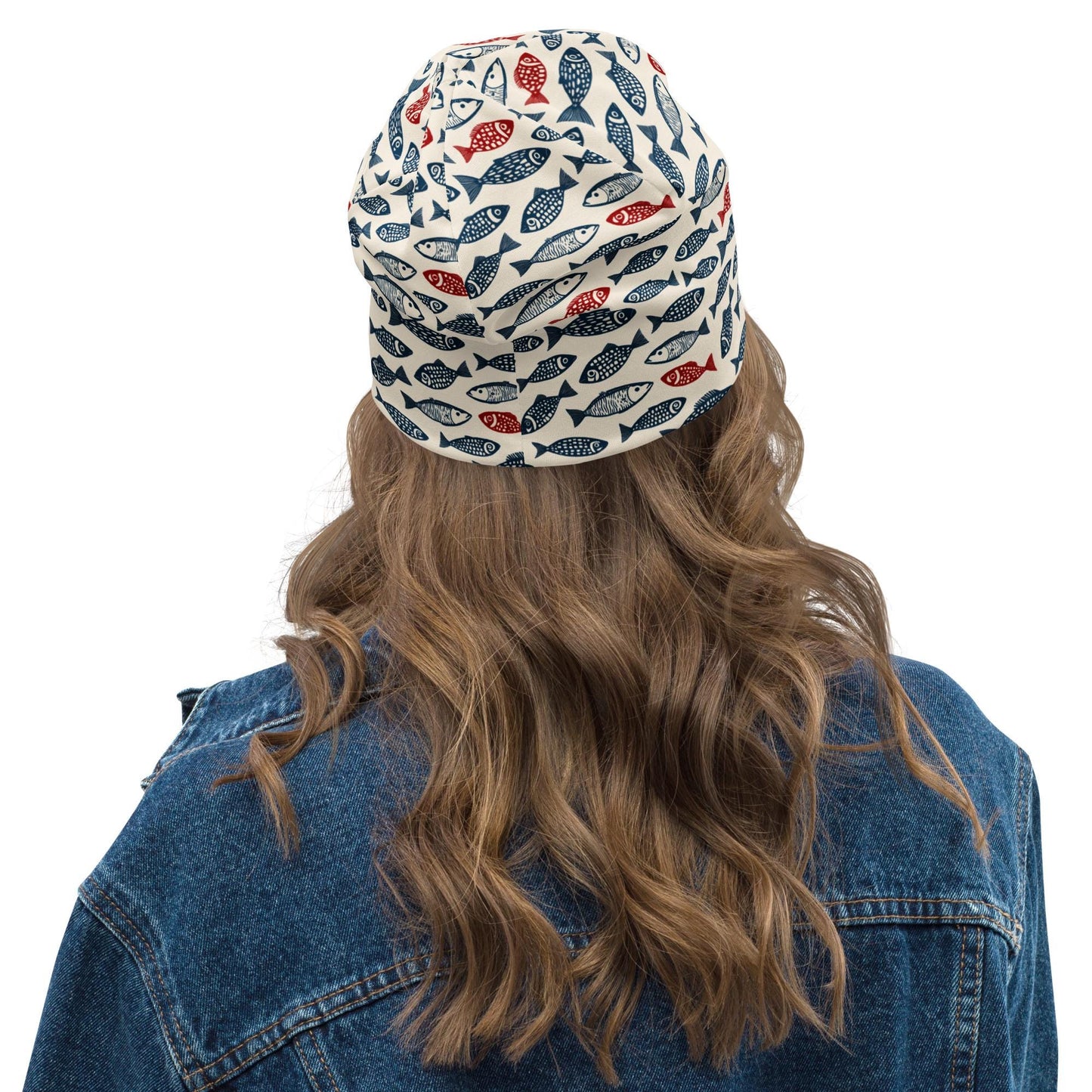 Red & Navy Fish Print Beanie – Folk Coastal Slouch Hat, Nautical Ocean Skull Cap, Thin Soft Unisex Beach Beanie, Maritime Style