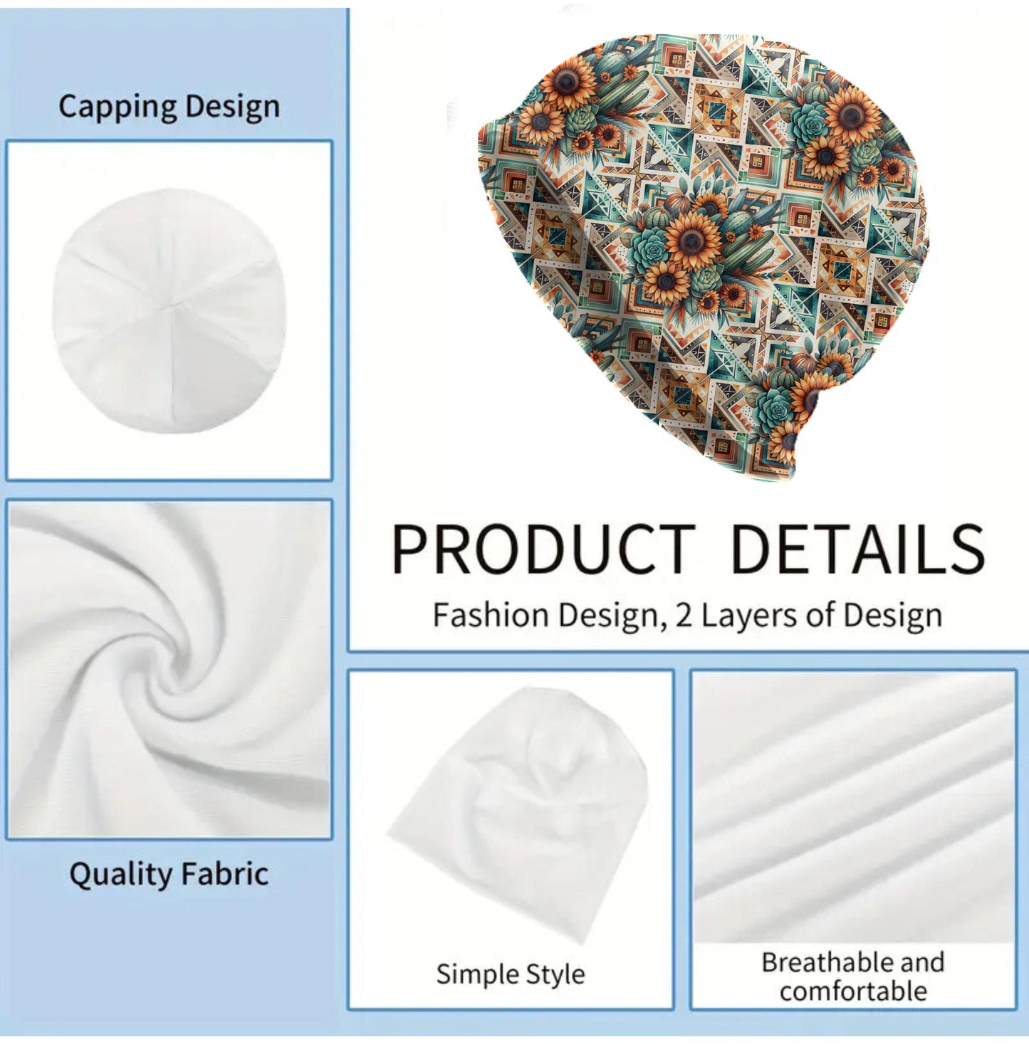 Boho Aztec Sunflower Slouchy Beanie – Thin Stretchy Lightweight Skull Cap for Men and Women with Cactus & Southwest Florals