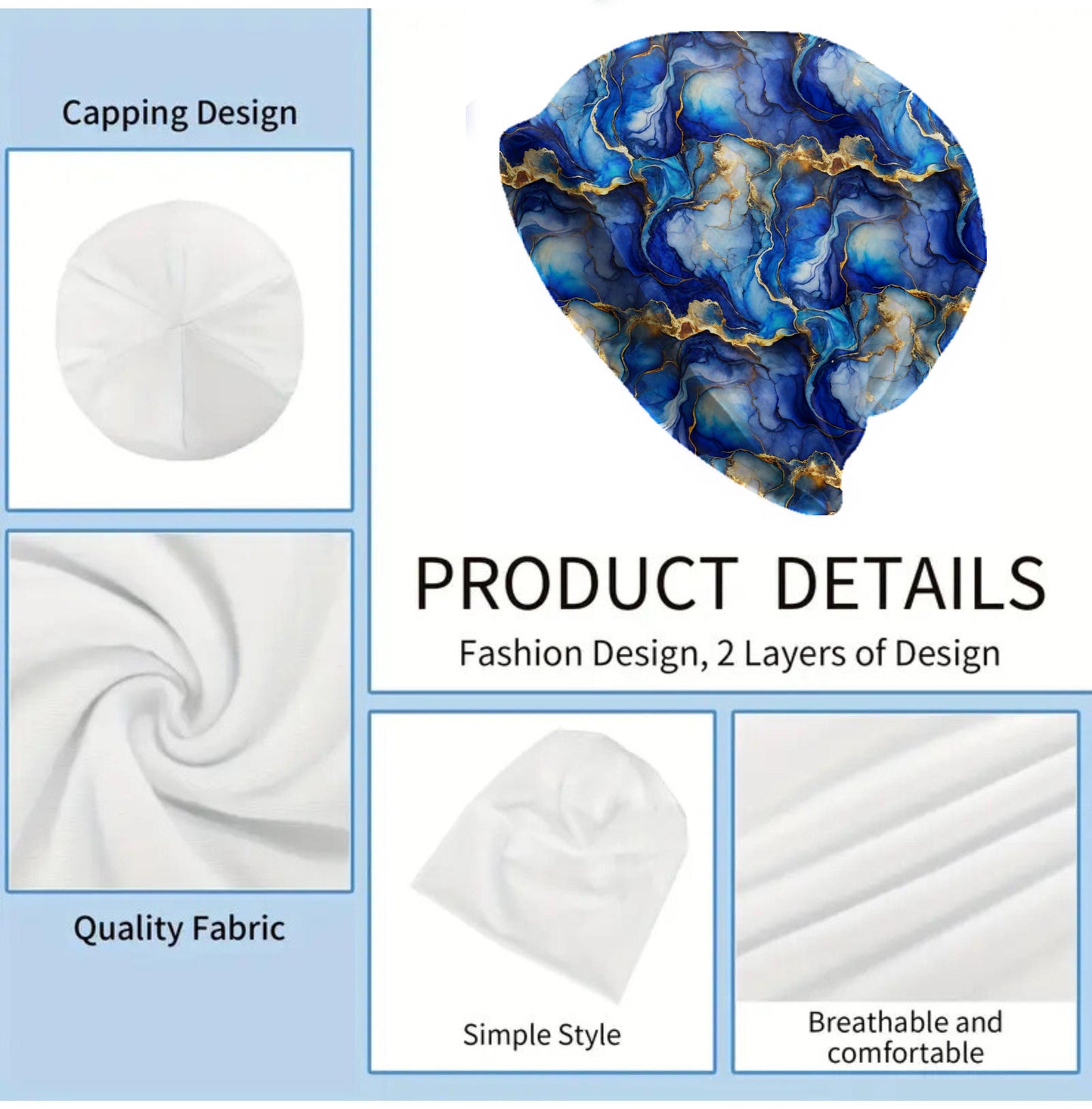 Oceanfire Indigo Slouchy Beanie – Thin Stretchy Lightweight Skull Cap for Men and Women in Deep Blue Marble Waves