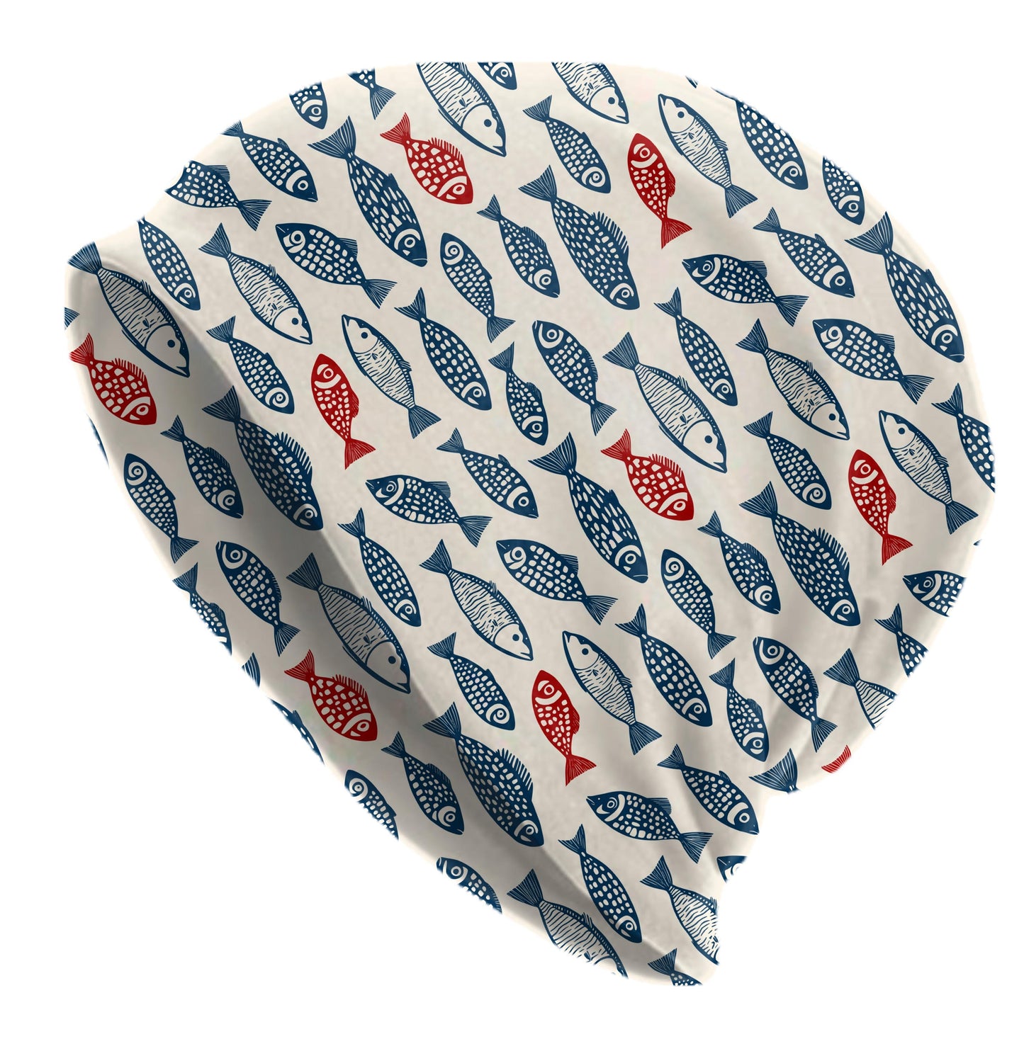 Red & Navy Fish Print Beanie – Folk Coastal Slouch Hat, Nautical Ocean Skull Cap, Thin Soft Unisex Beach Beanie, Maritime Style