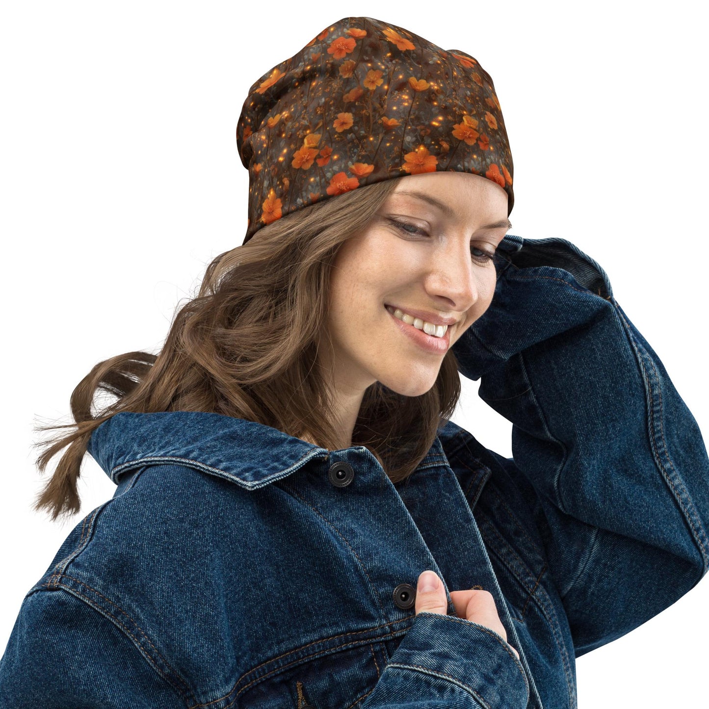 Amber Glow Floral Slouchy Beanie – Soft Lightweight Skull Cap, Thin Bonnet Hat for Men & Women, Warm Autumn Flower Pattern