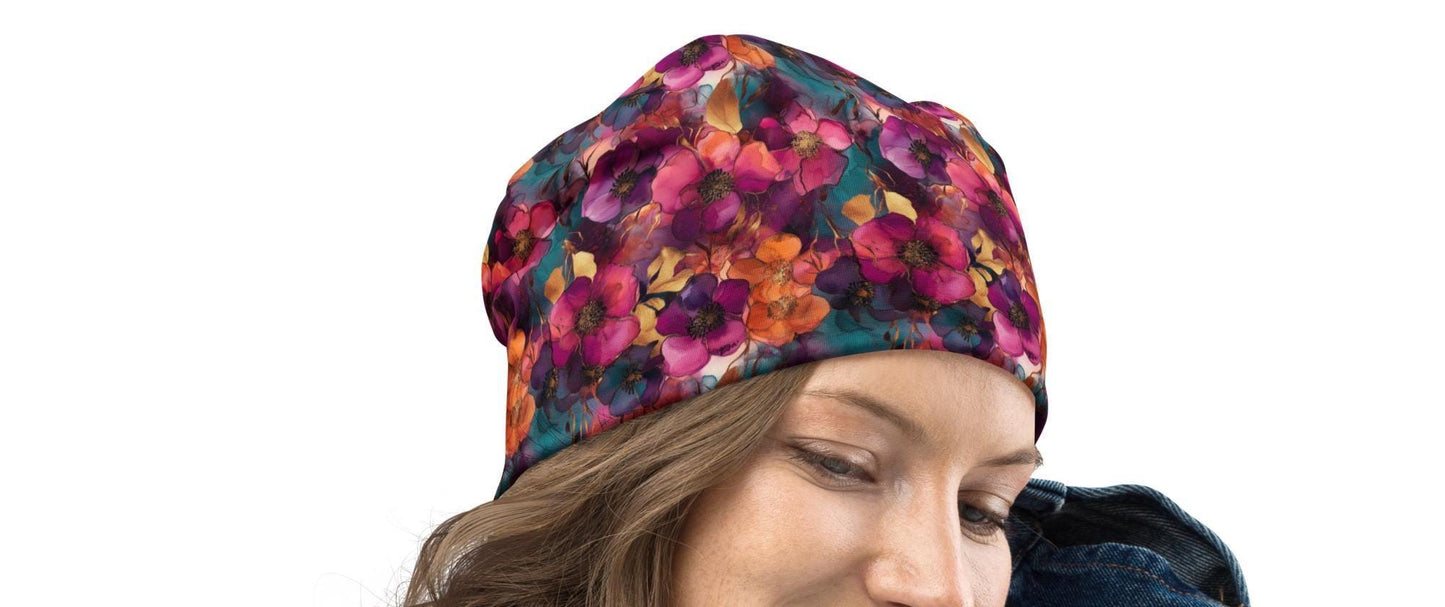 Magenta Luxe Wildflower Slouchy Beanie, Bold Floral Bonnet, Soft Thin Stretchy Skull Cap for Men and Women, Teal and Fuchsia Print Hat