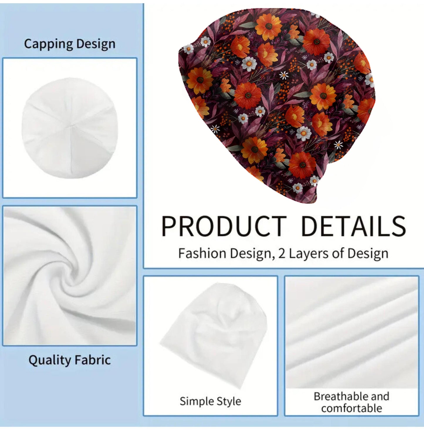 Fiery Autumn Poppies Slouchy Beanie – Bold Floral Bonnet, Soft Thin Stretchy Skull Cap for Men & Women, Fall Botanical Print Hat