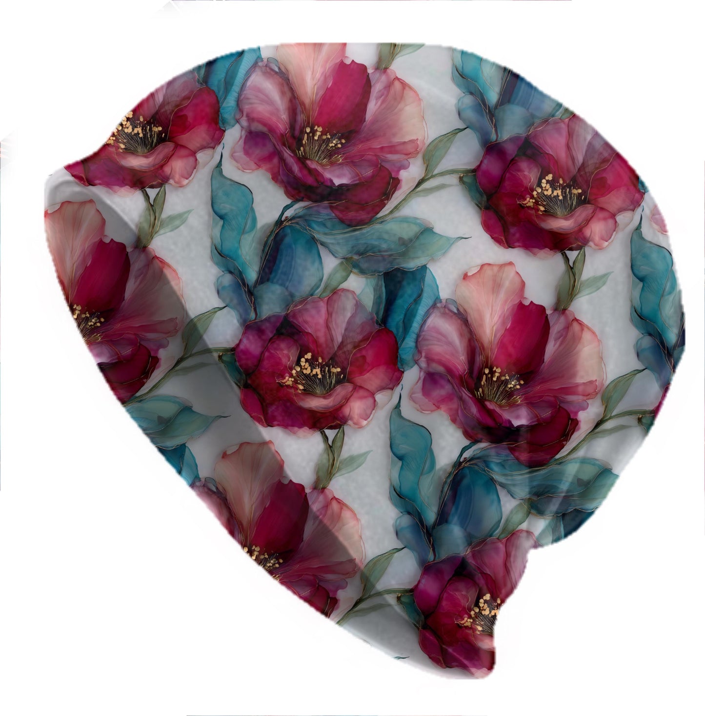 Ruby Camellia Slouchy Beanie – Thin Stretchy Lightweight Skull Cap for Men & Women in Ruby and Teal Petals