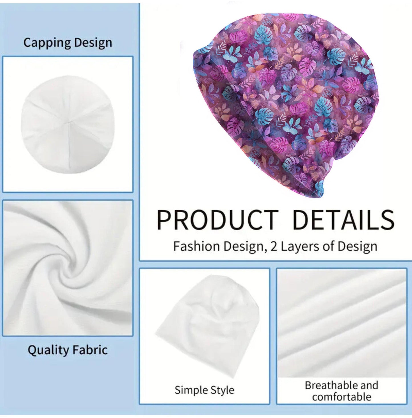 Tropical Neon Leaves Slouchy Beanie – Thin Stretchy Lightweight Skull Cap for Men and Women in Pink, Purple & Aqua Botanical Design