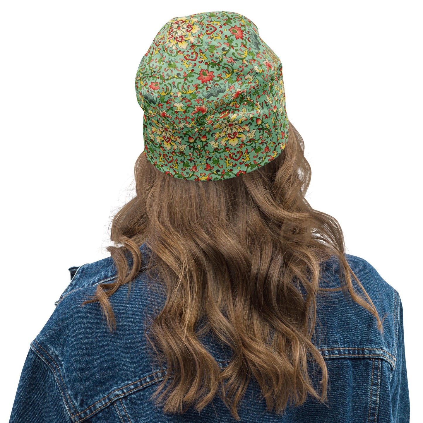 Jade Floral Art Beanie – Vintage Asian Scroll Pattern Hat, Soft Lightweight Unisex Cap, Botanical Print
