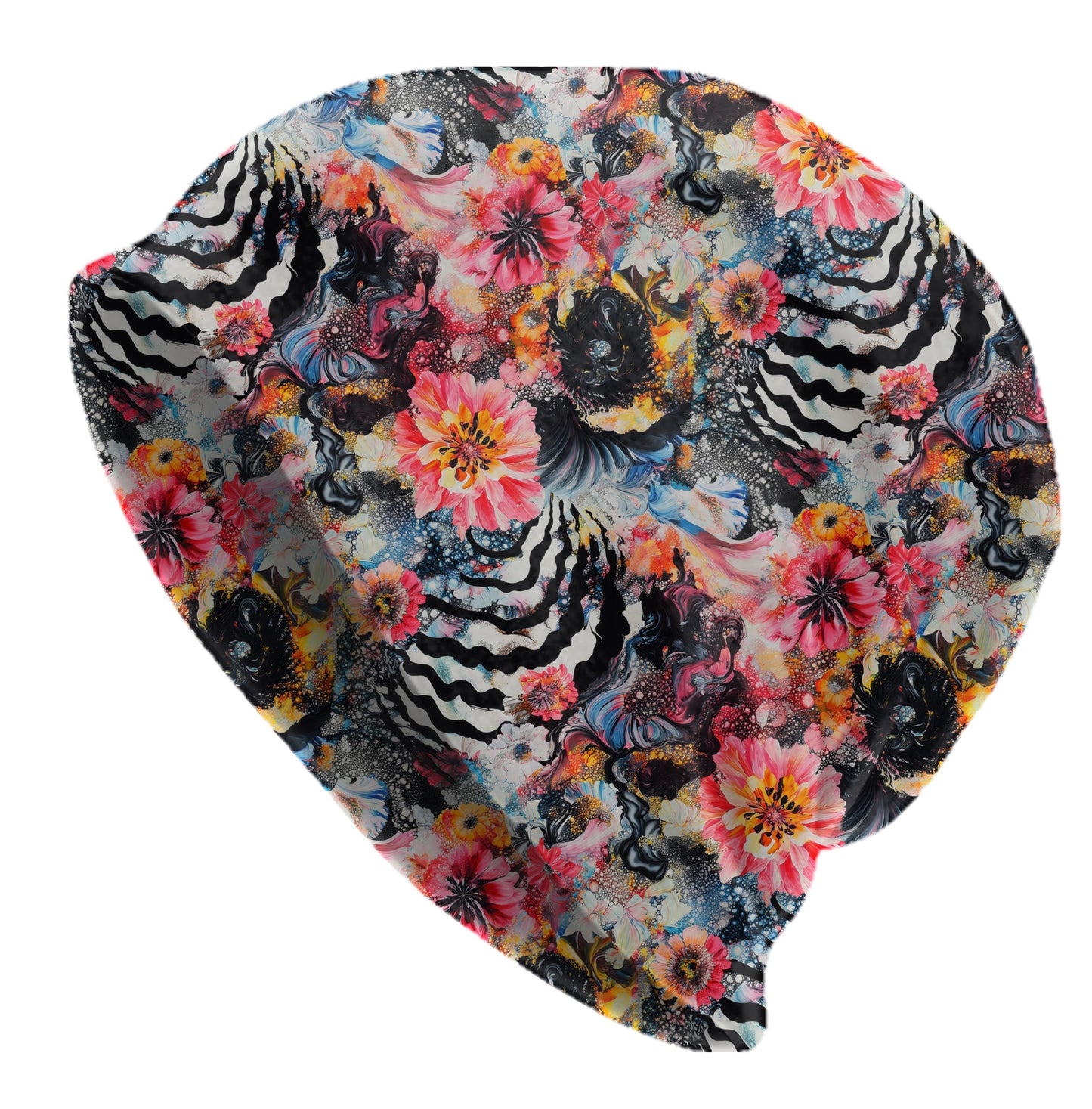 Abstract Ink Bloom Slouchy Beanie – Bold Artistic Bonnet, Soft Thin Stretchy Skull Cap for Men & Women, Vibrant Floral Swirl Print Hat