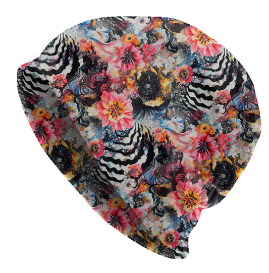 Abstract Ink Bloom Slouchy Beanie – Bold Artistic Bonnet, Soft Thin Stretchy Skull Cap for Men & Women, Vibrant Floral Swirl Print Hat