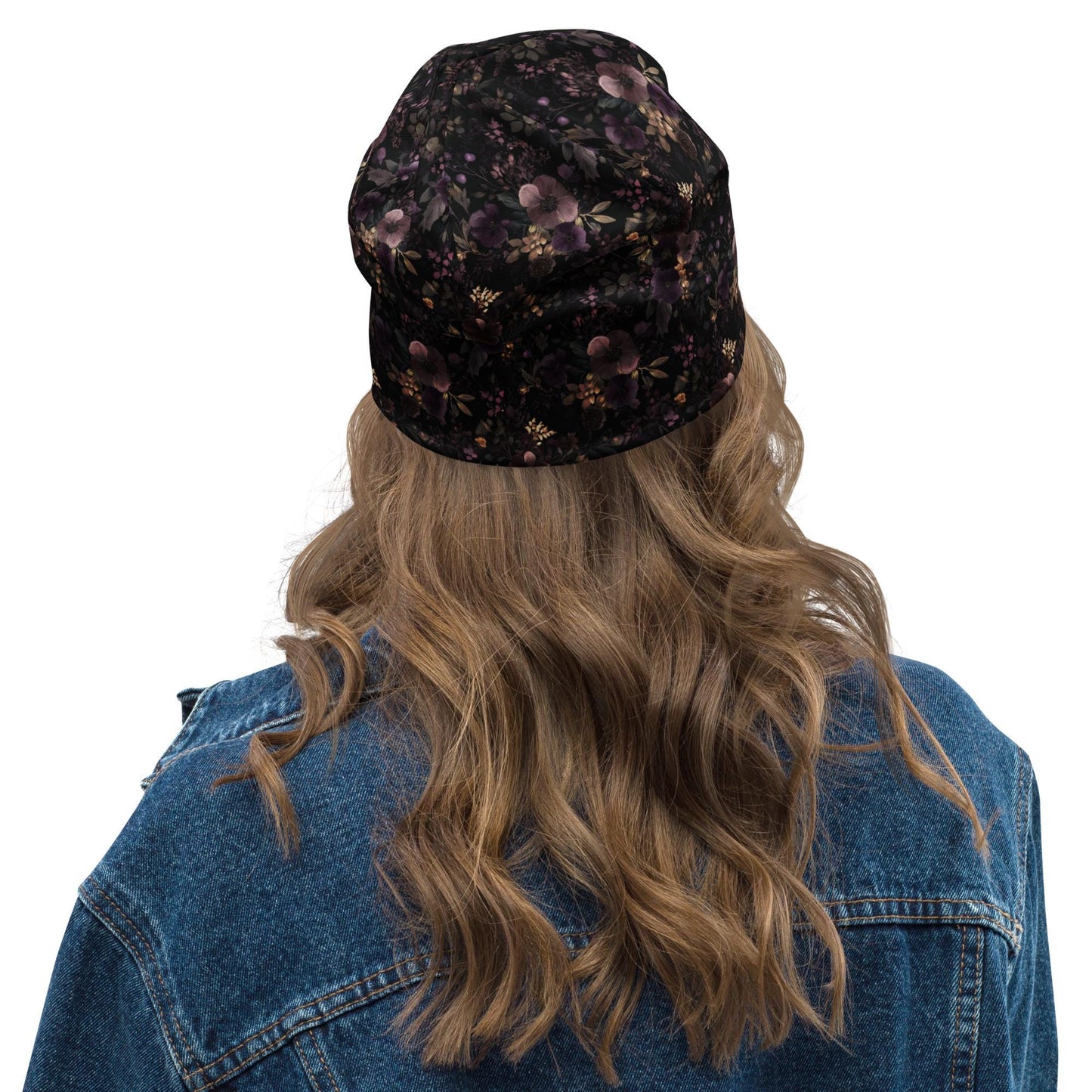 Dark Autumn Garden Slouchy Beanie – Plum & Mauve Floral Bonnet, Soft Thin Stretchy Skull Cap for Men and Women, Moody Botanical Print