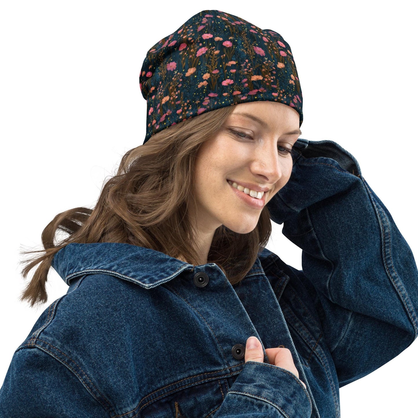 Pink Glow Wildflower Slouchy Beanie – Soft Lightweight Skull Cap, Thin Bonnet Hat for Men & Women, Night Meadow Floral Pattern