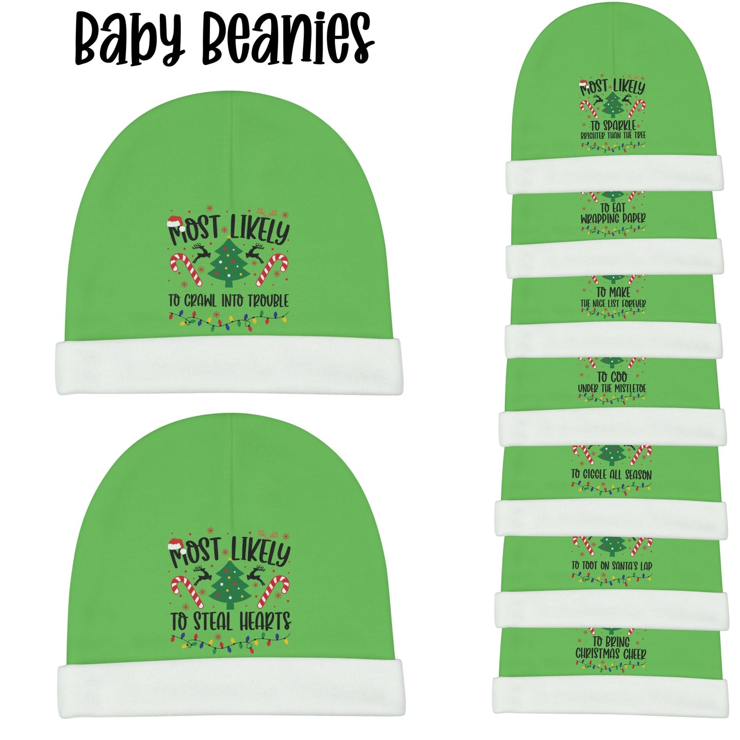 Baby “Most Likely To” Christmas Beanie, Soft Infant Holiday Hat, Cute Funny Newborn Winter Cap – Double-Sided Print, Made to Order 0-6 mo