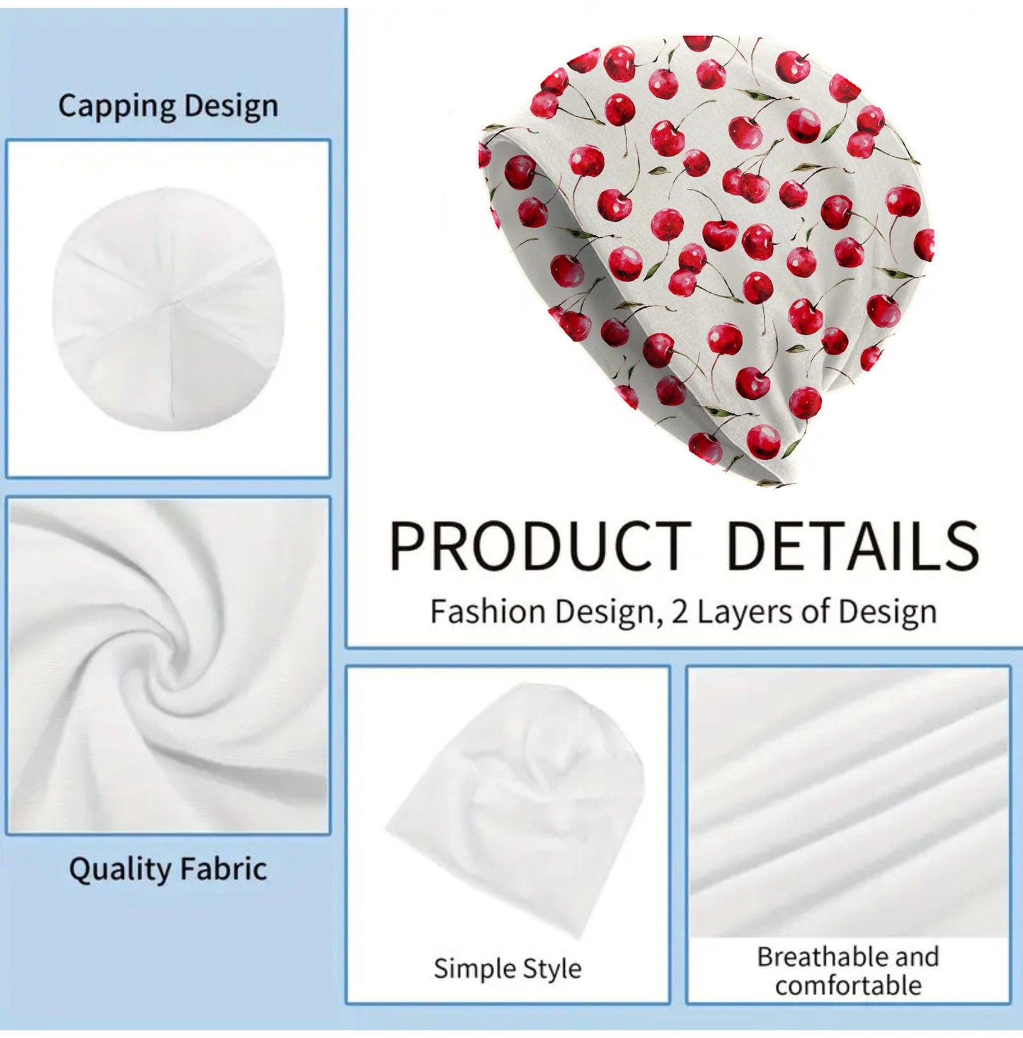 Cherry Watercolor Slouchy Beanie – Thin Stretchy Lightweight Skull Cap for Men and Women