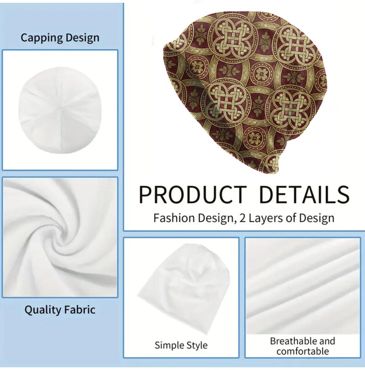 Regal Celtic Knot Slouchy Beanie – Soft Lightweight Stretch Skull Cap for Men and Women in Gold and Deep Red Pattern